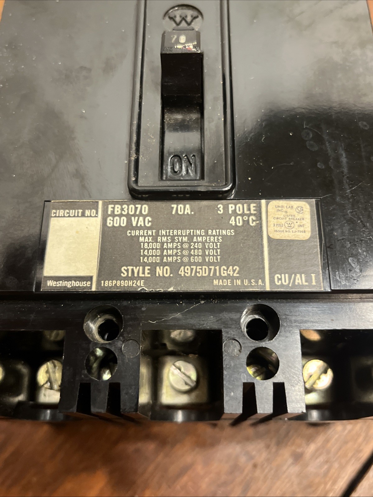 Westinghouse FB3070 AB DE-ION Circuit Breaker 70A 3 Pole 4975D71G42
