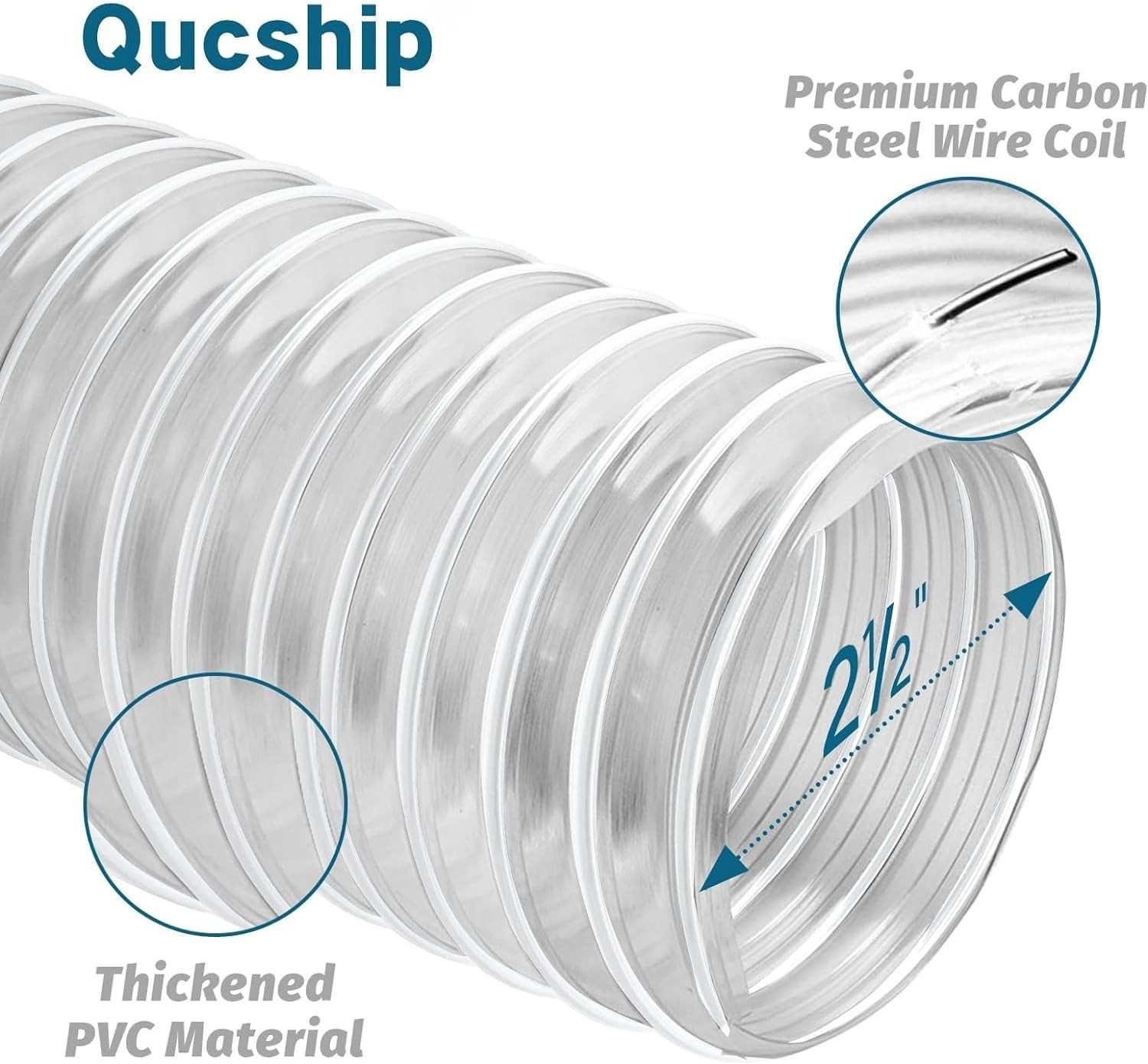 Qucship 2-1/2 x 10′ Heavy-Duty PVC Dust Collection Hose, Puncture-Resistant, Fle