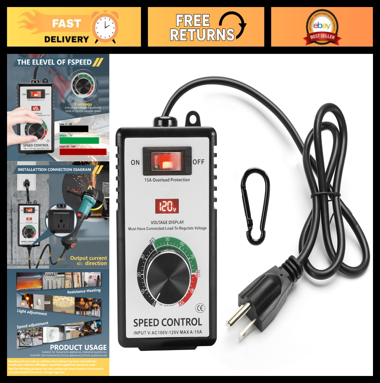 Variable AC Motor Speed Controller 100V-120V 15A Max, Fan Speed Regulator, LED D