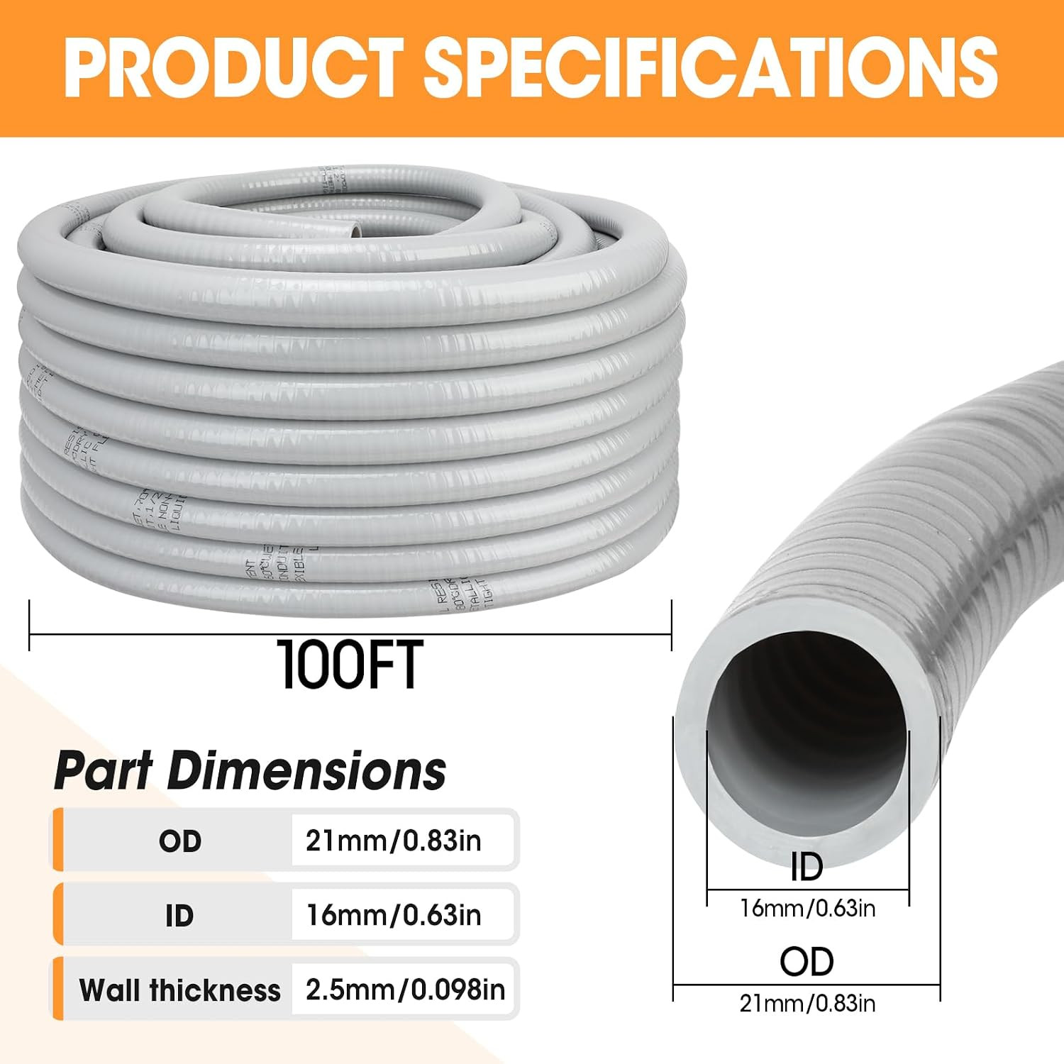 100FT Liquid-Tight Conduit and Connector Kit, 1/2 Flexible Non Metallic Electric