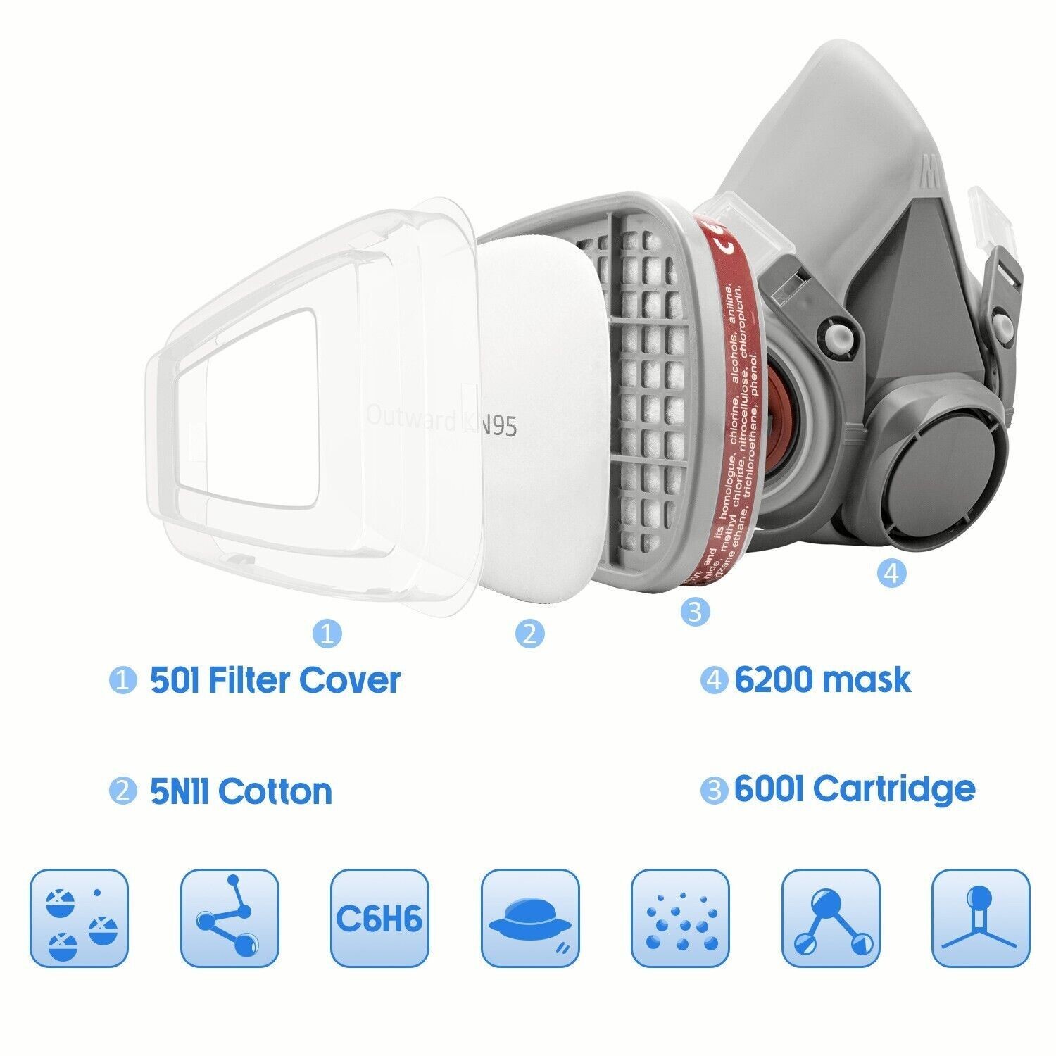 7in1 Half Face Gas Mask 6200 Respirator Safety Protect Painters Respirator New