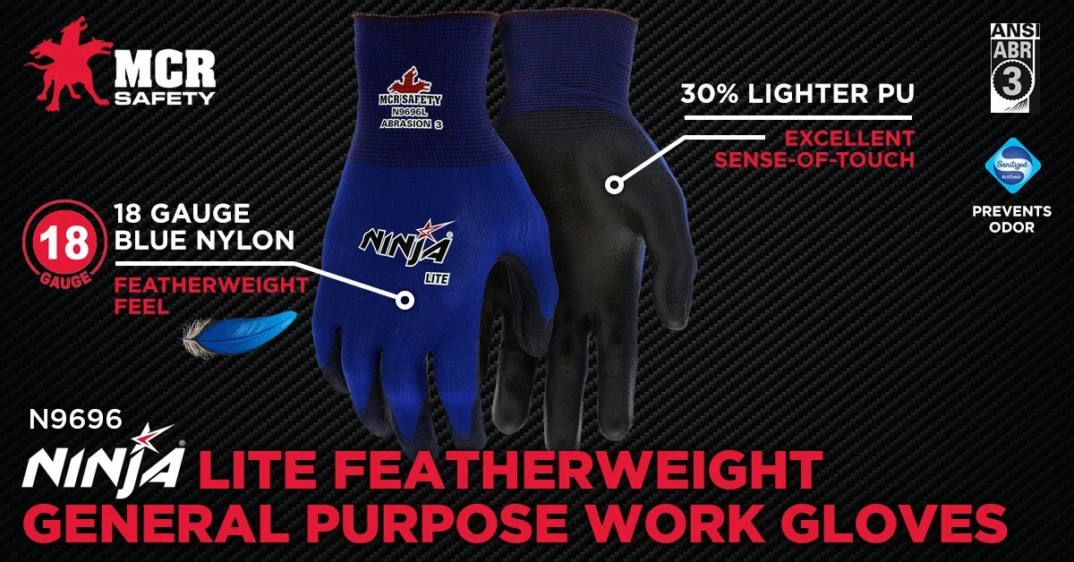 Med/8 MCR SAFETY NINJA LITE POLYURETHANE COATED WORK GLOVES (1 DOZEN/12 PAIR) M