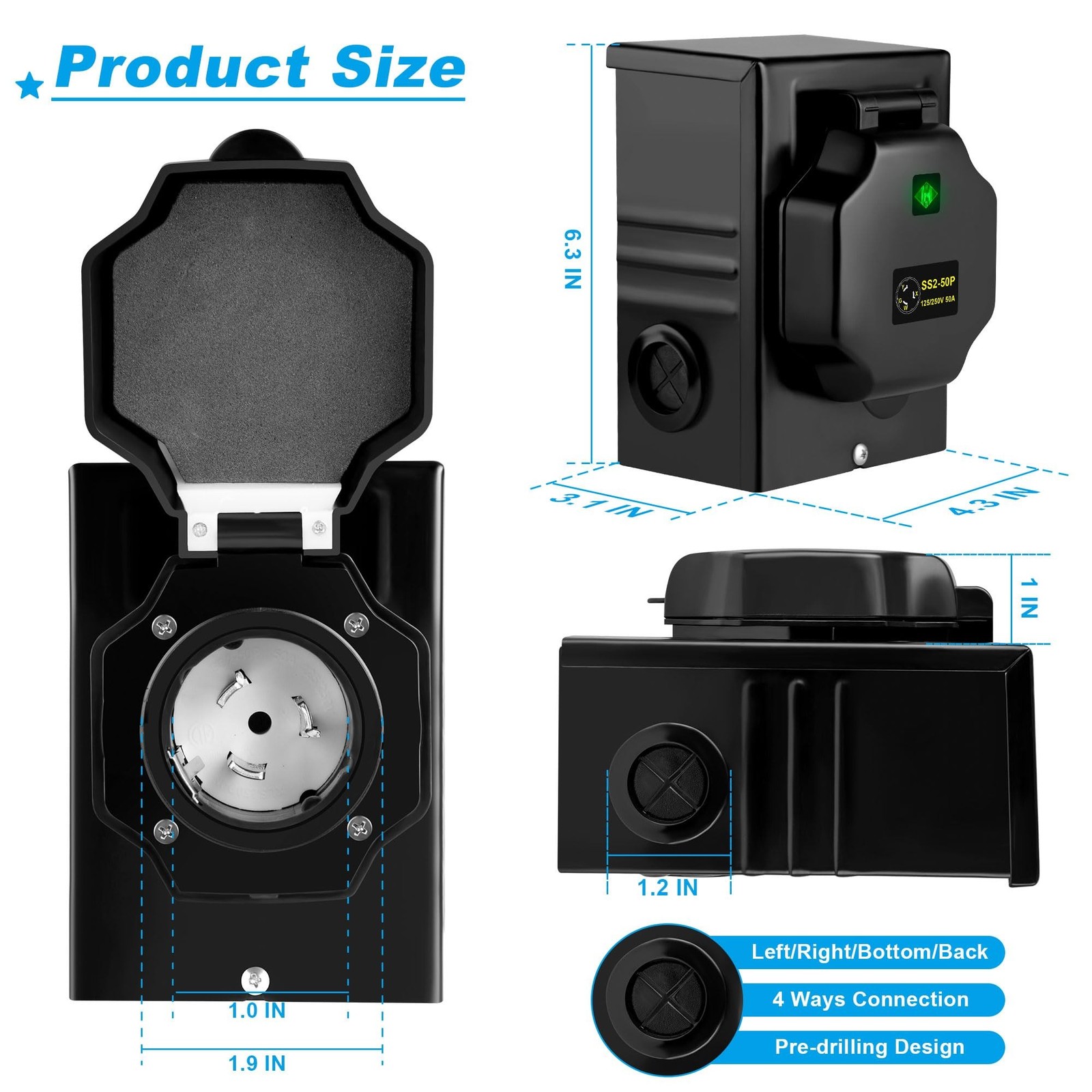 50 Amp Generator Inlet Box,NEMA SS2-50P Power Inlet Box [Pre-Drilled] Enclose…