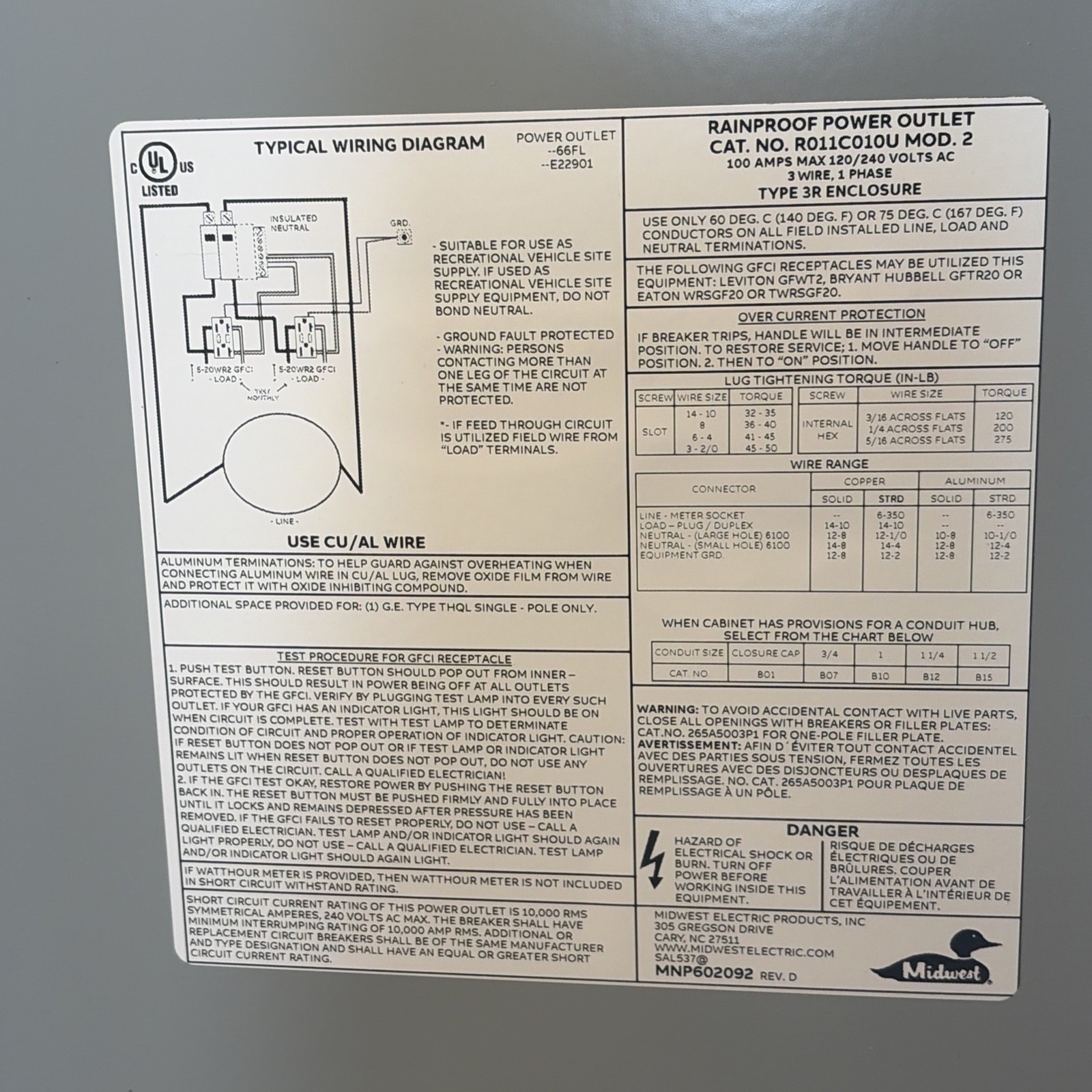 Midwest 100 Amp Outdoor Temporary Power Outlet Metered Underground Feed 120/240V