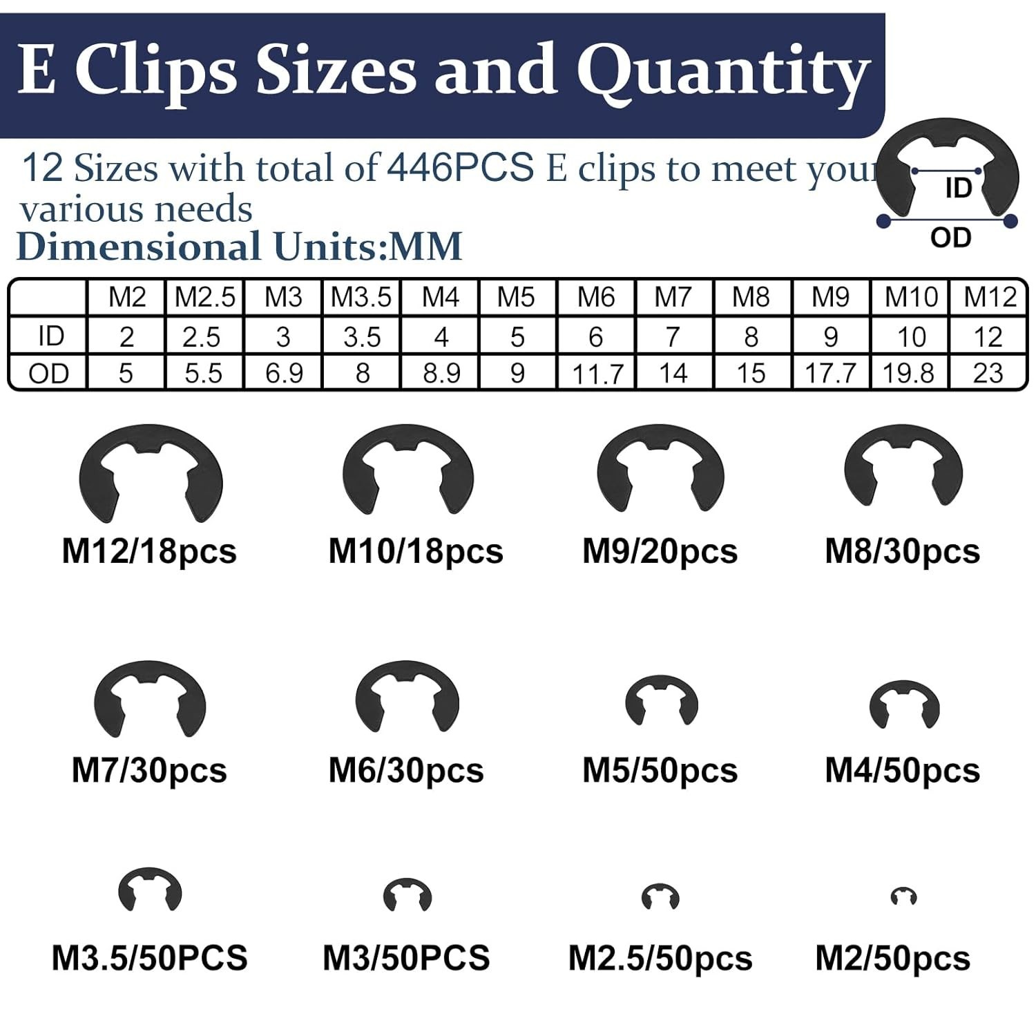 840Pcs C Clips & E Clips Assortment Set, M5-M16, 24 Sizes Snap Rings Kit, Steel