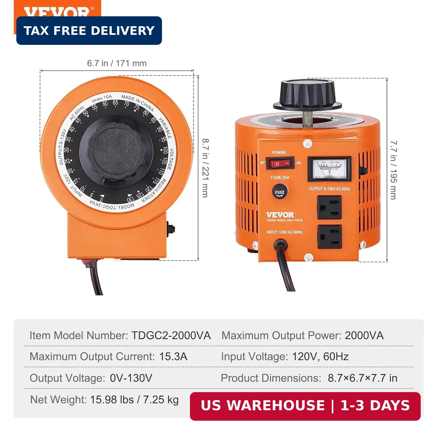 2000VA Auto Variable Voltage Transformer, 15.3 Amp, 110V Input 0-130V Outp