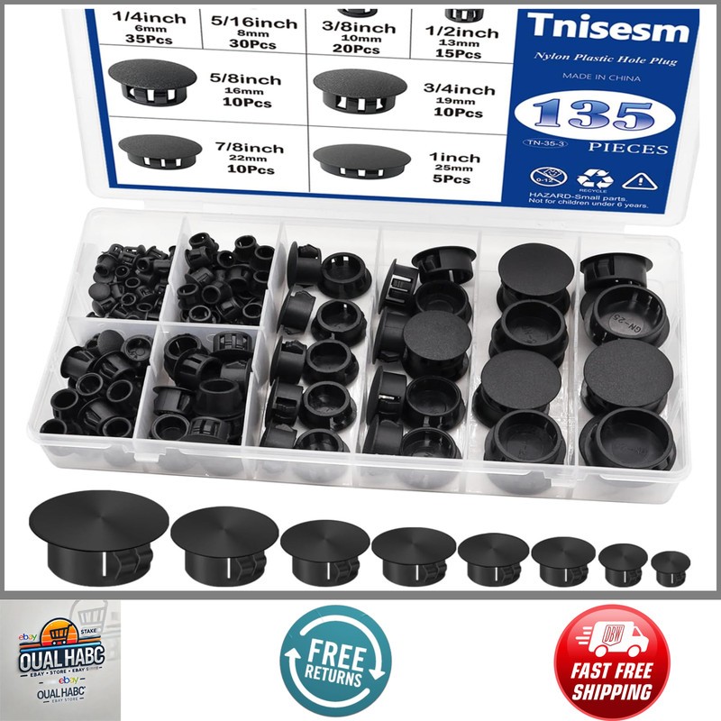 135Pcs Black Nylon Hole Plugs 8 Sizes 1/4″-1″ Round End Caps Furniture Cabinet