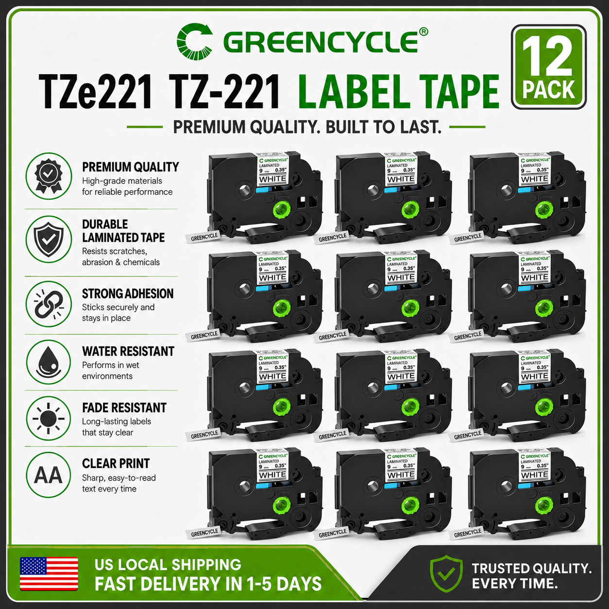 12 PK 9mm Black On White TZe-221 Aze 221 Label Tape for Brother Ptouch Printers