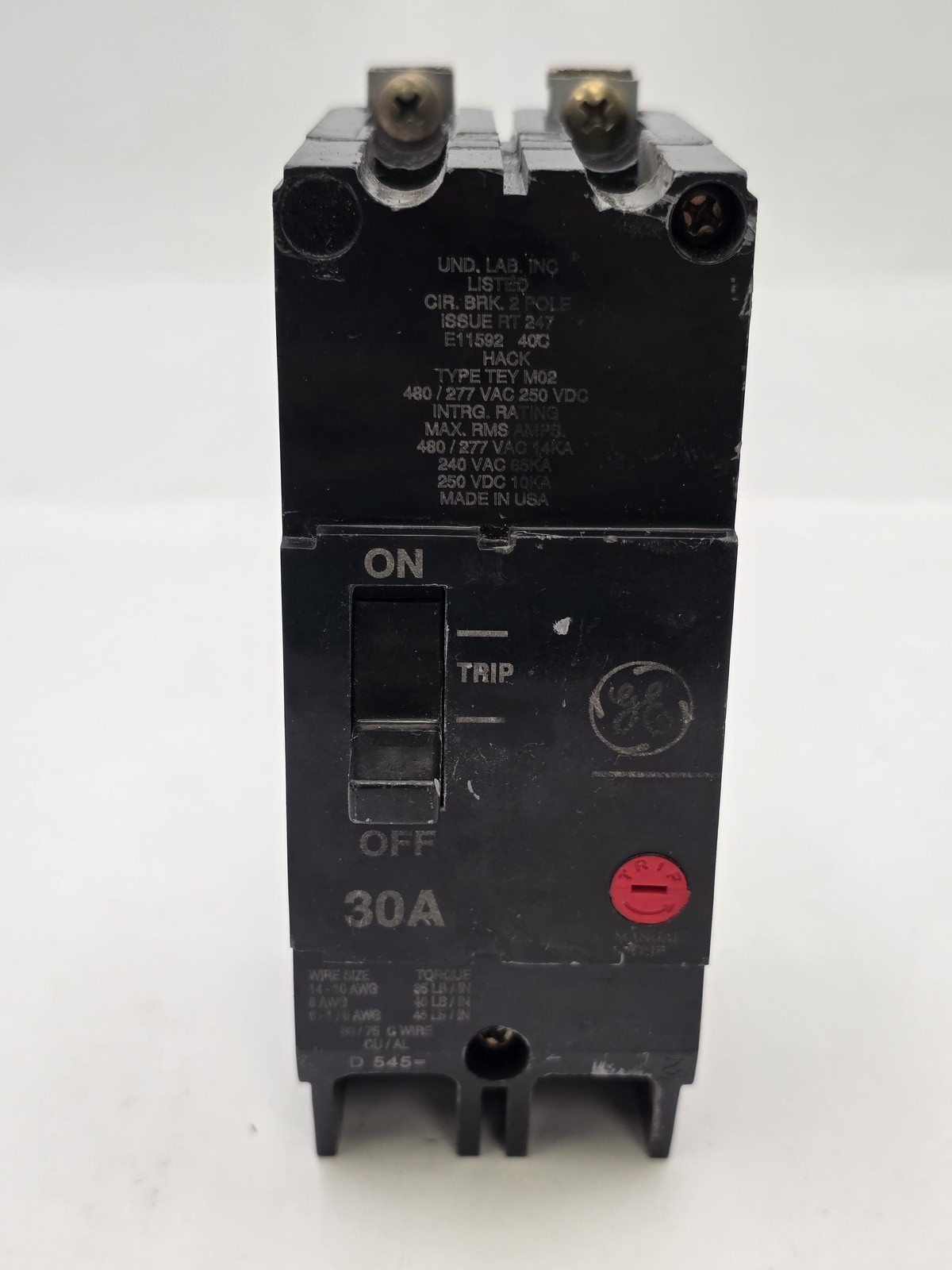 General Electric TEY230M02 Bolt-On Circuit Breaker 30A 2P 480/277V 14KA TEYM02