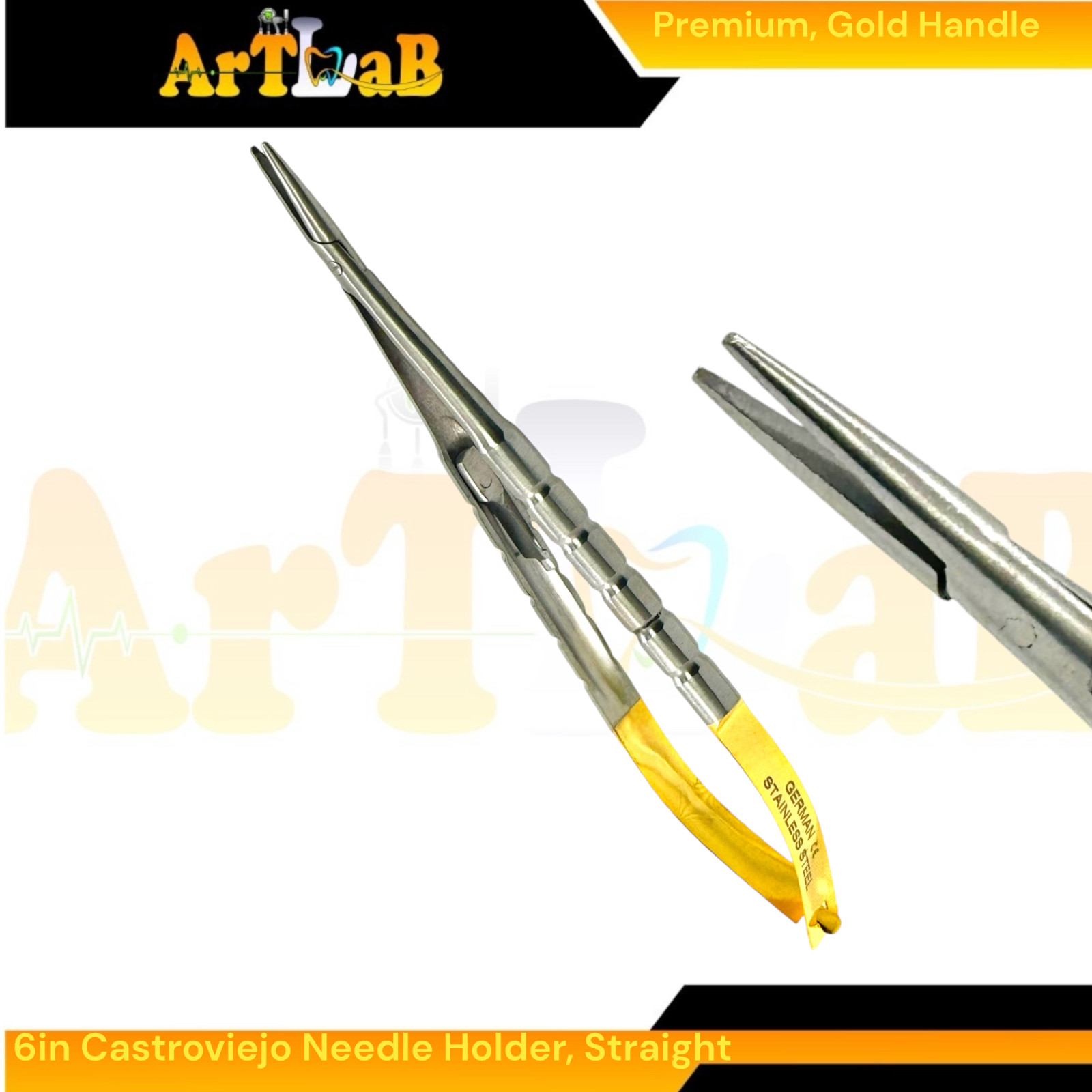 Set of 3 Castroviejo Needle Drivers Cur & Str + Suture Tying Forceps w/Guide Pin