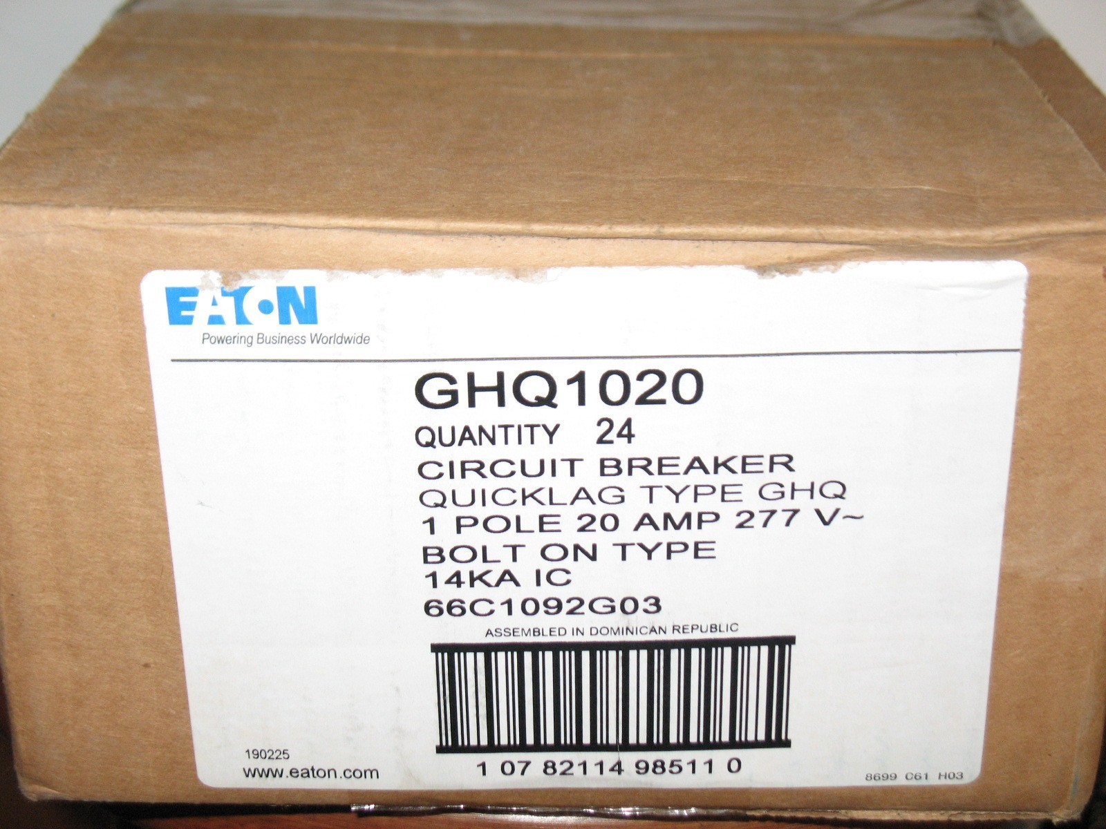 Eaton GHQ1020 20 Amp 14kA @ 277v 1 Pole Type GHQ Bolt-On Circuit Breaker (24)