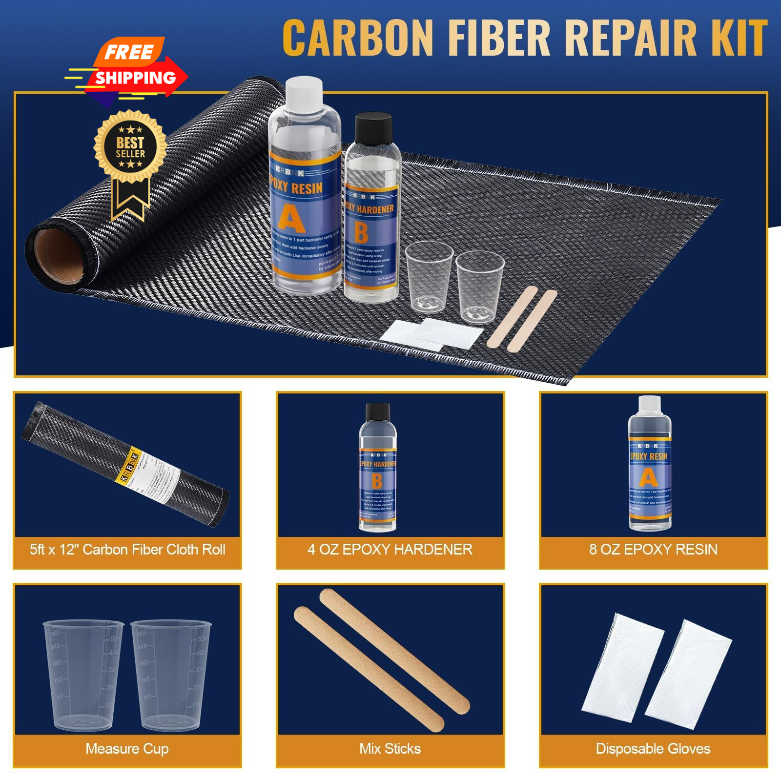 Krbnk 5FT Carbon Fiber Cloth + Epoxy Resin, + Resin