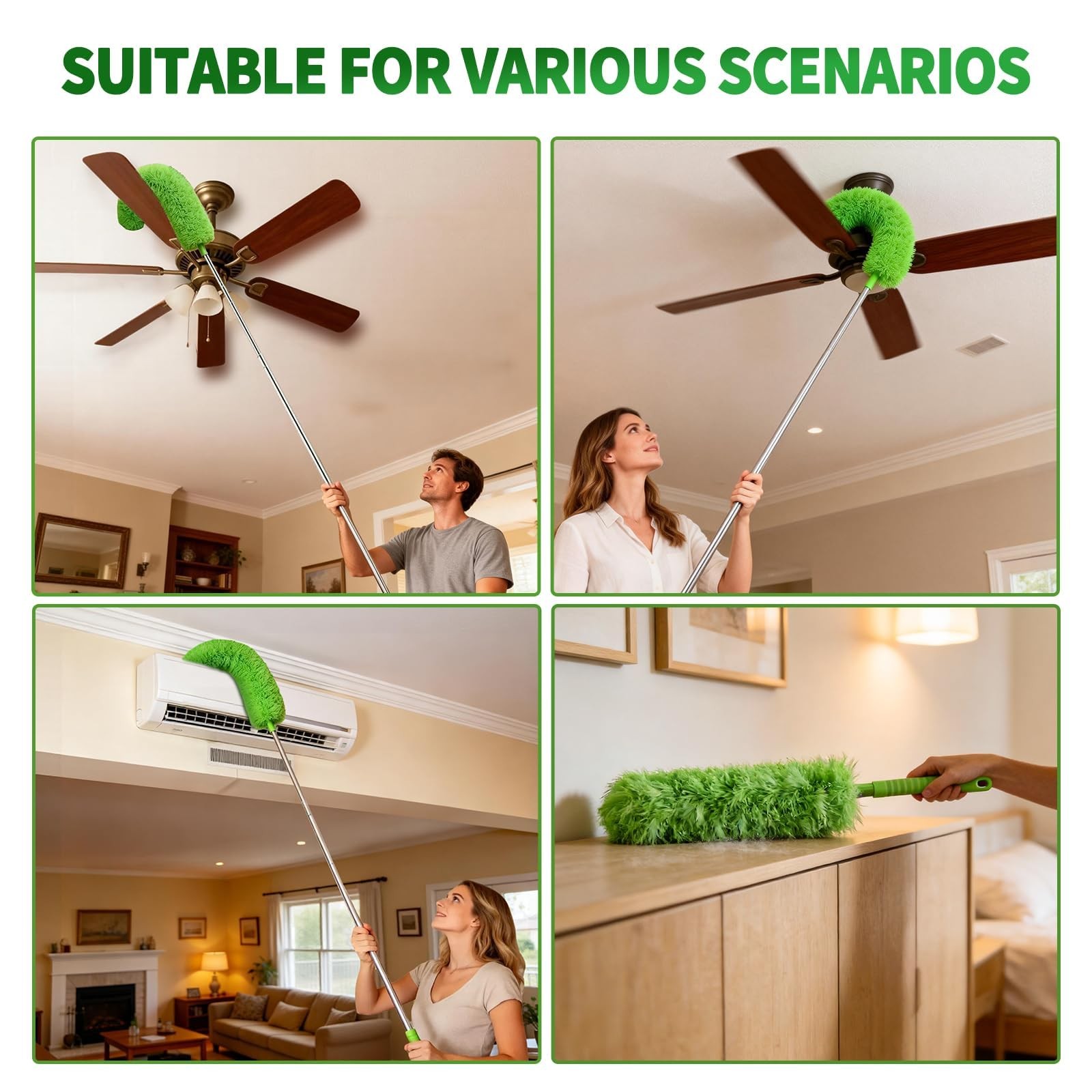 Cobweb Duster with Extension Pole, Washable Cleaning 110 inches, Green