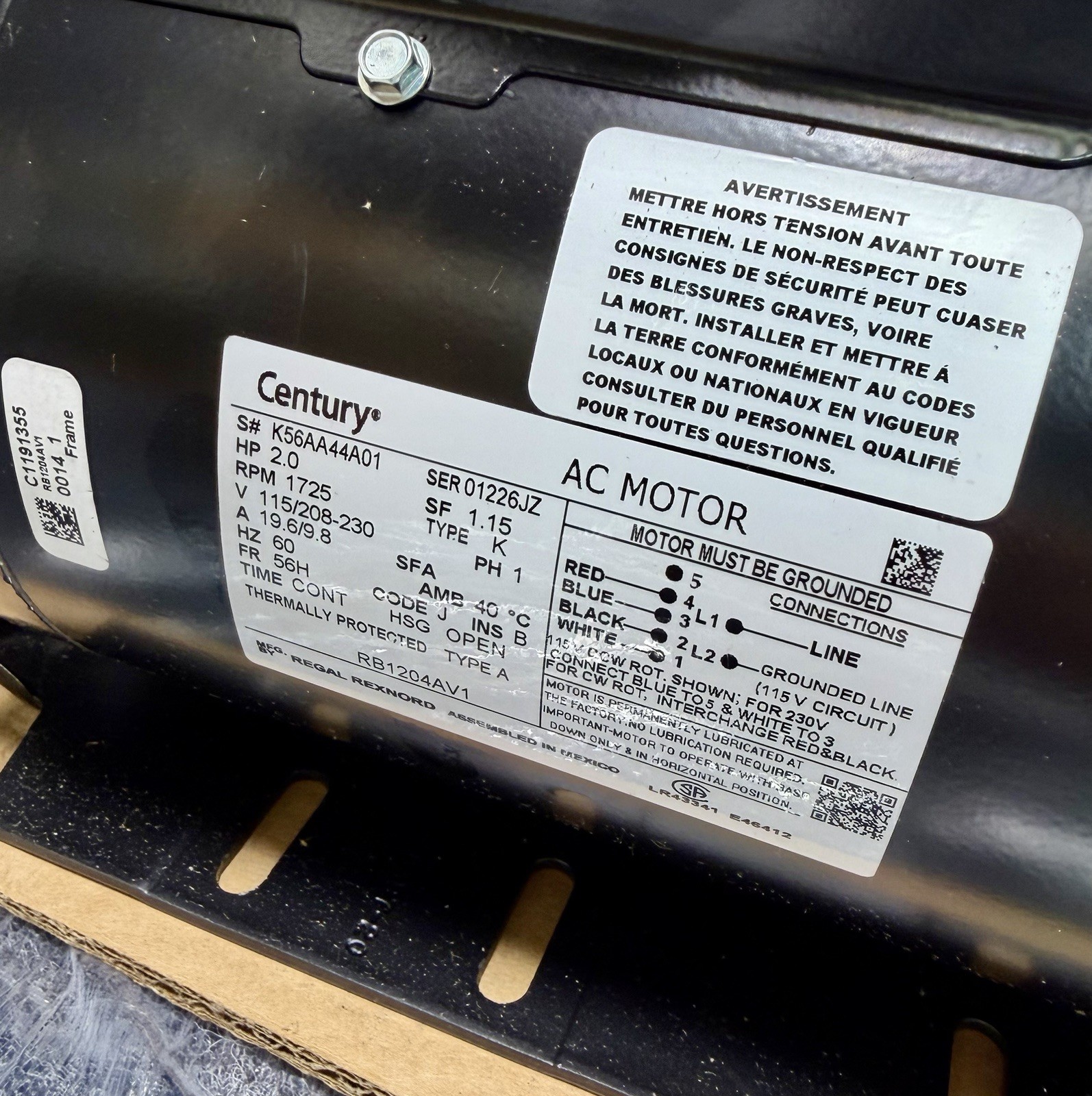 Century RB1204AV1 Belt Drive Blower Motor 2 HP, 115/208-230V, 1,725 RPM, 56H