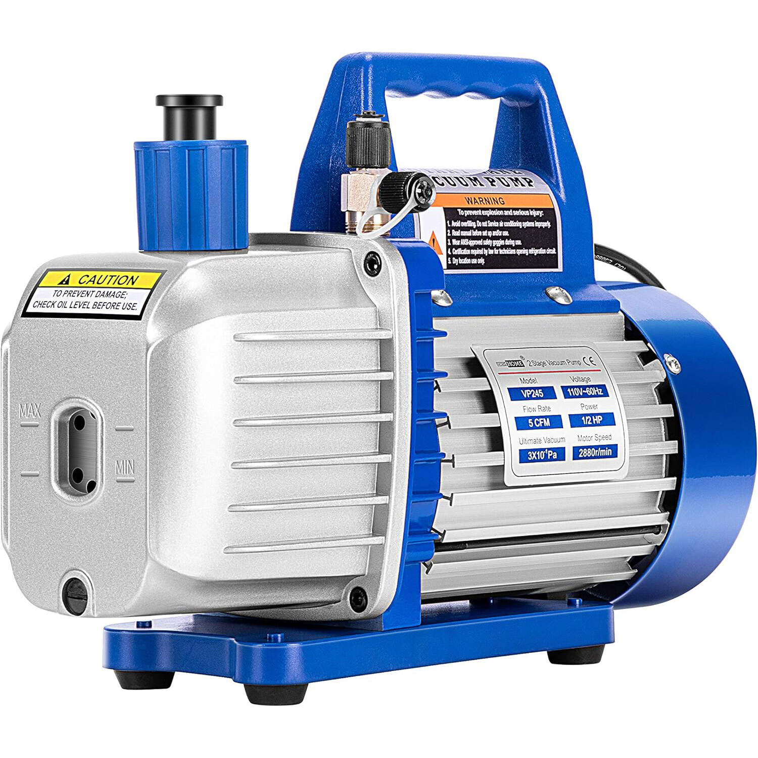 110V 1/2 HP 5 CFM Dual Stage Rotary Vane HVAC Air Vacuum Pump with Oil Bottle