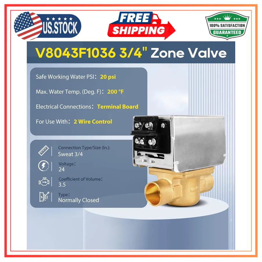 Honeywell V8043F1036 Zone Valve 24V 4-Wire 3/4 Sweat Normally Closed Actuator