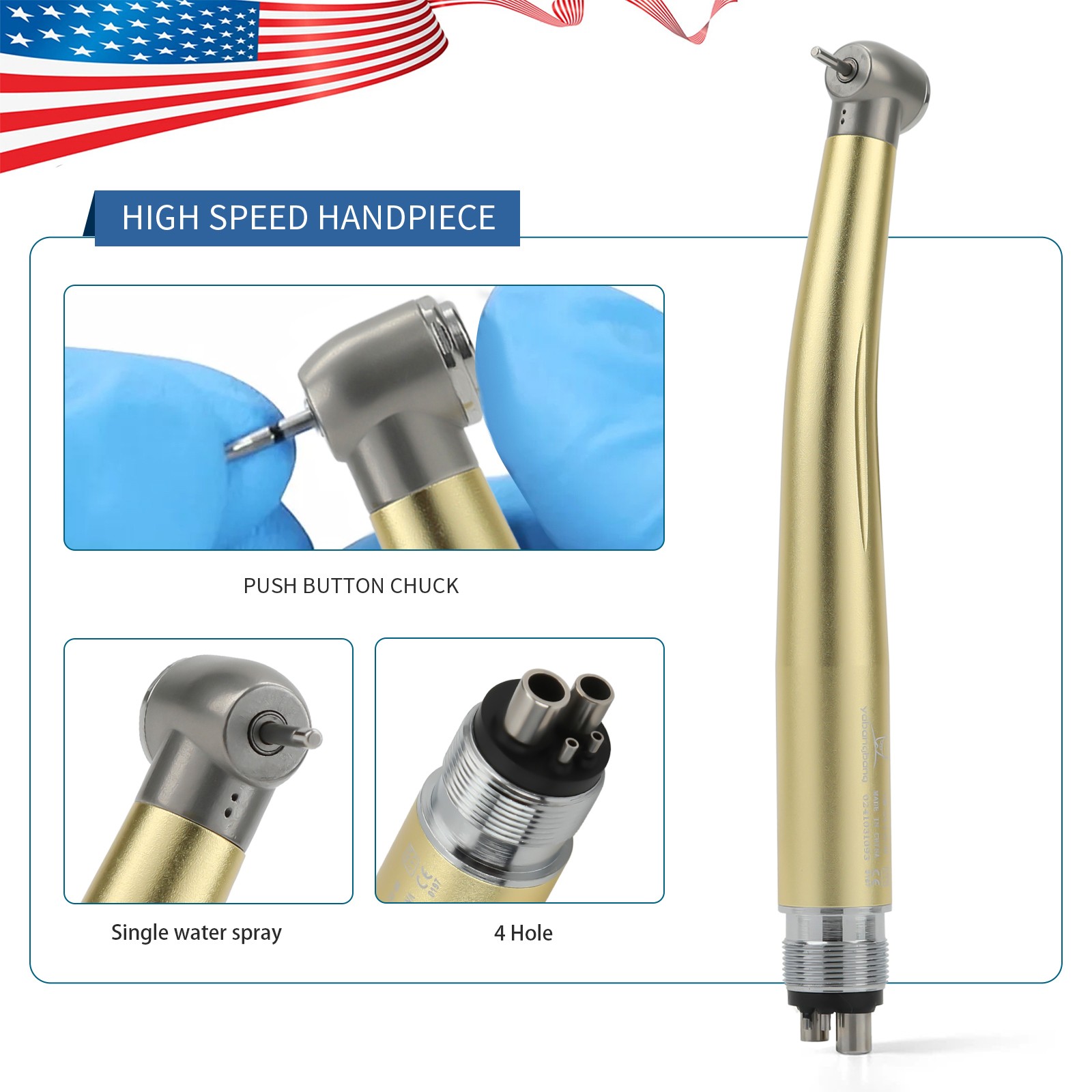 NSK Style Dental High Speed Handpiece Turbine 4 Holes 7 Colors Rotor Golden