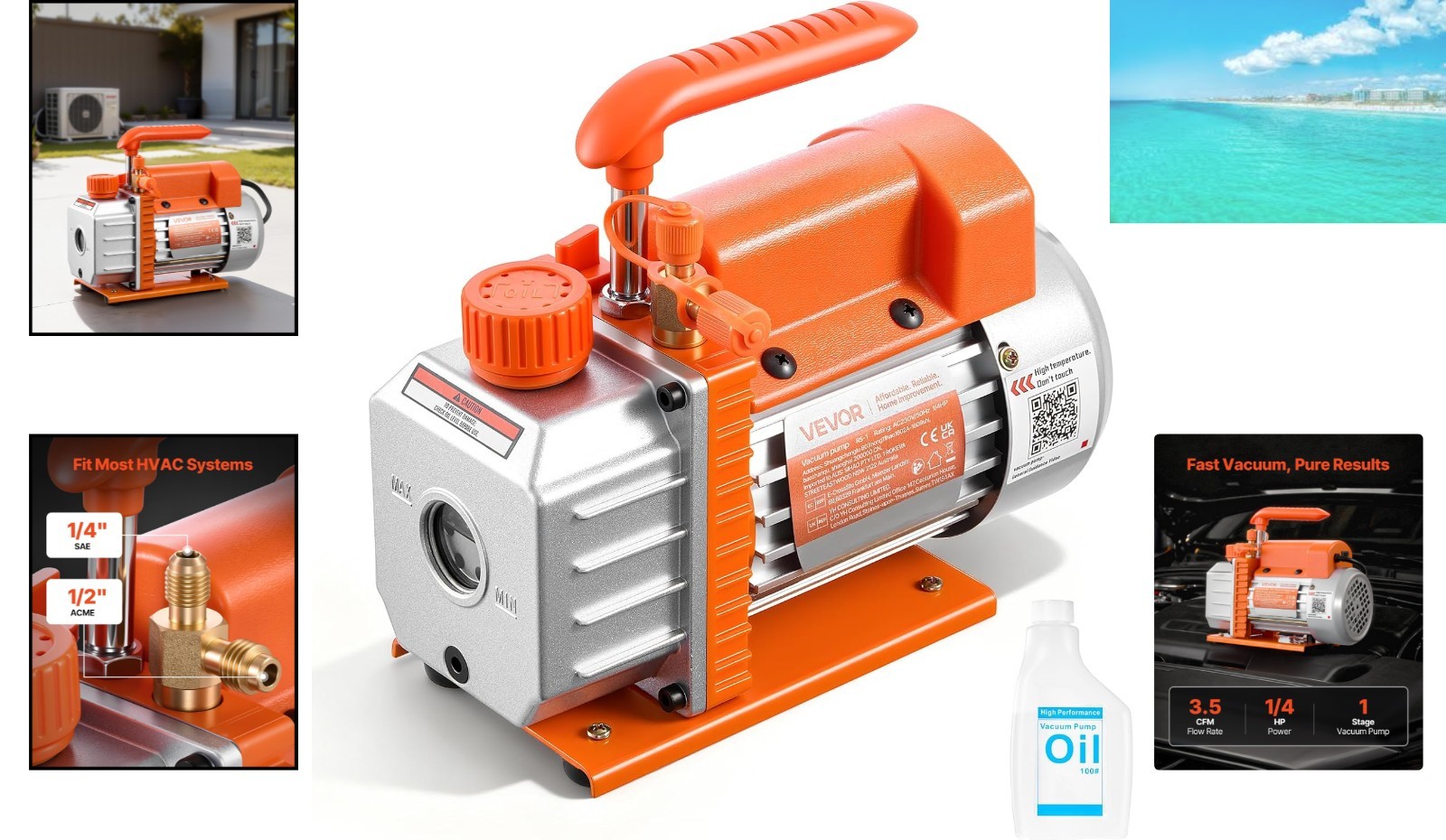 Efficient 1/4 HP Rotary Vane Vacuum Pump – Ideal for Automotive AC & HVAC Repair