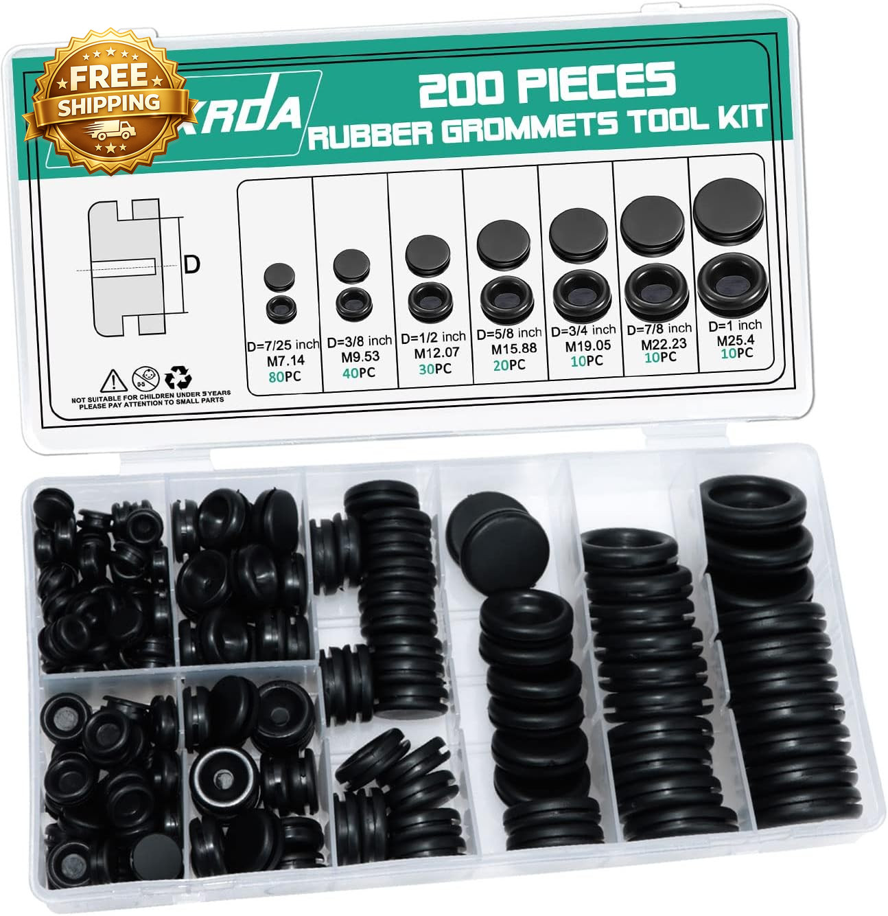 Rubber Grommet Kit 200 Pack – 7 Sizes Firewall Rubber Hole Plugs – Automotive