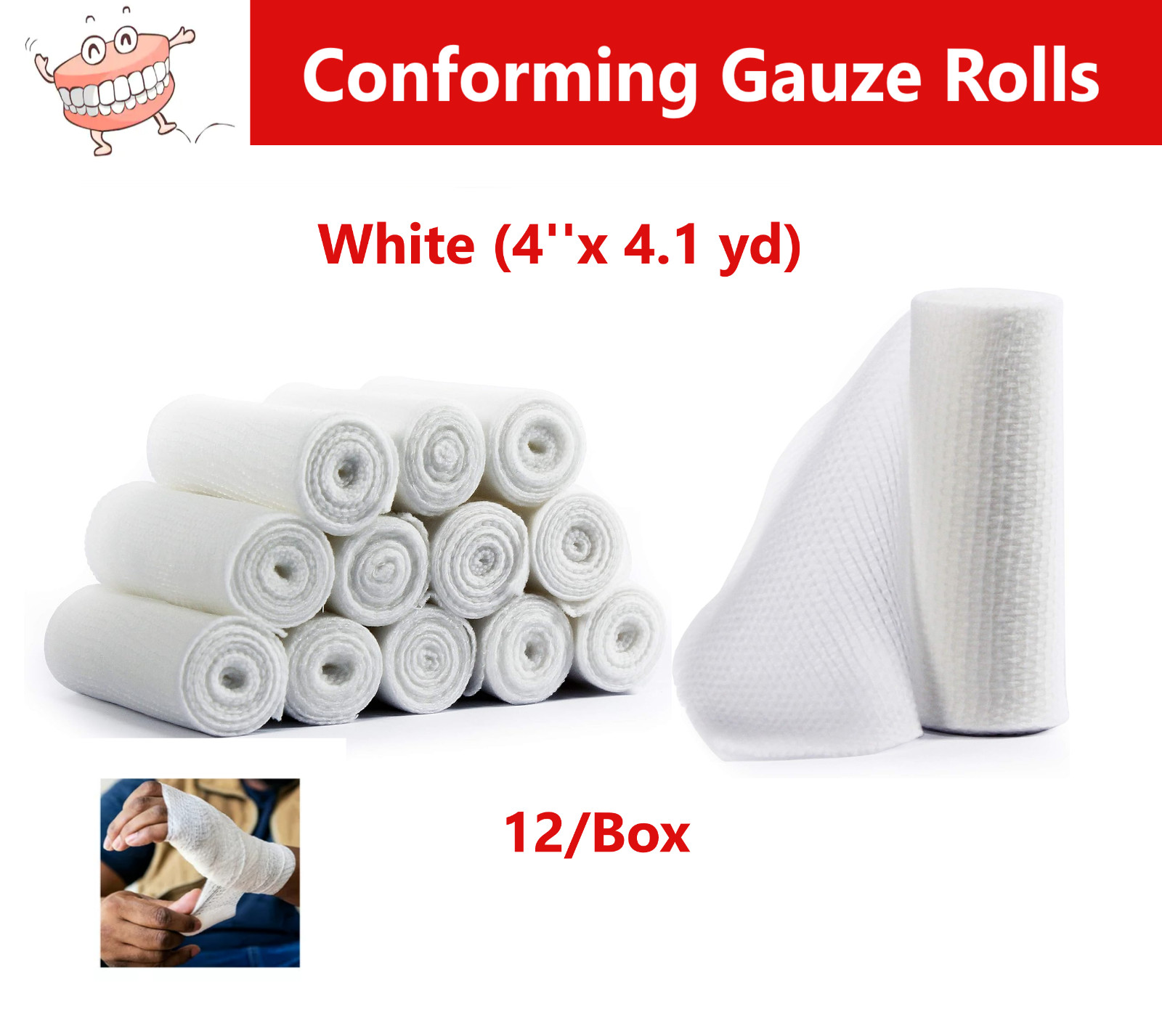 AMGoods 100% Cotton Stretch Gauze Bandage Roll 12 Rolls 4” x 4.1 Yds Latex Free