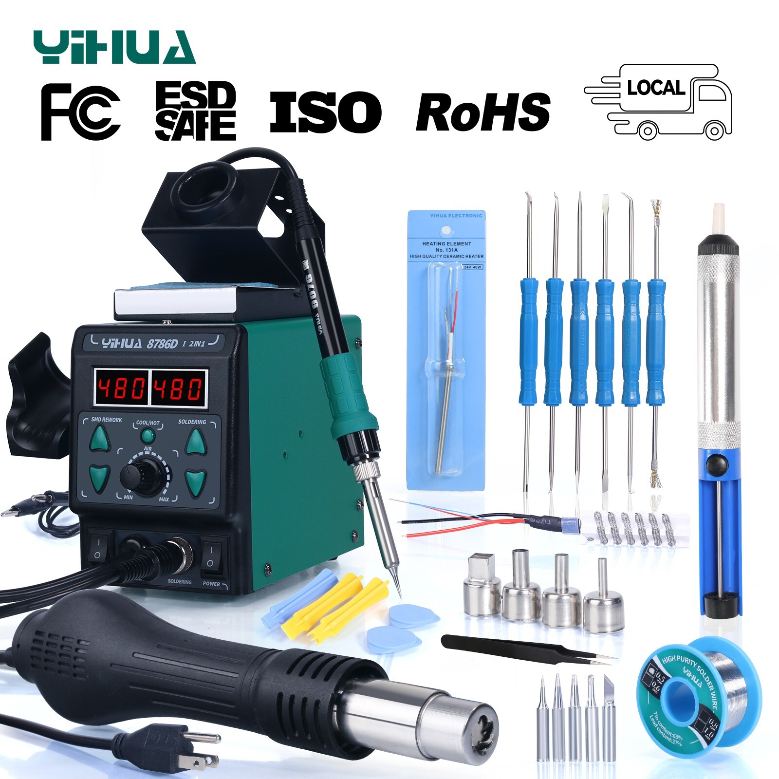 YIHUA 8786D-I Desoldering Gun Solder Iron Kit Hot Air Rework Soldering Station