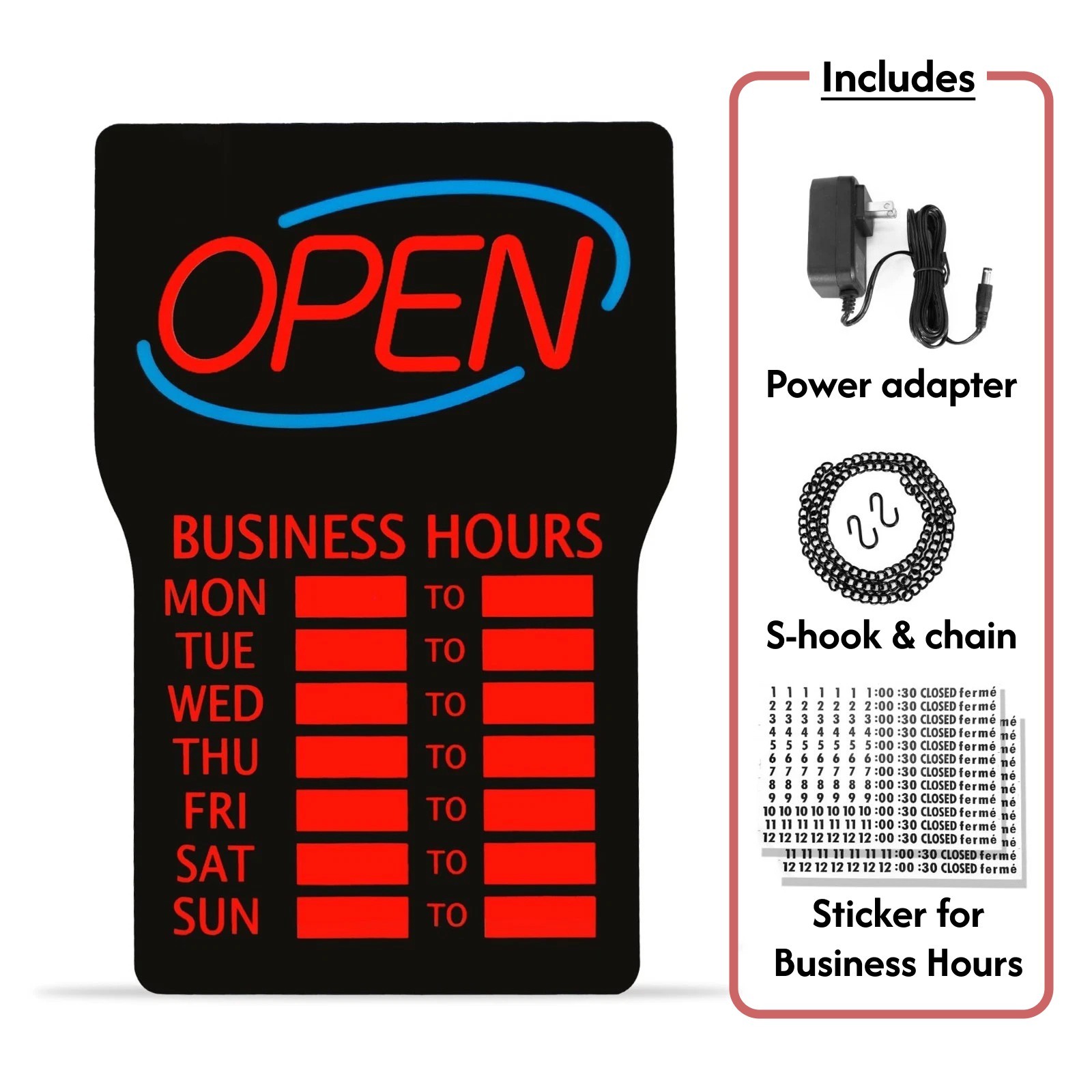 [LITE DELIGHT] LED Open Sign with Business Hours Stickers (Includes Chain&Hooks)