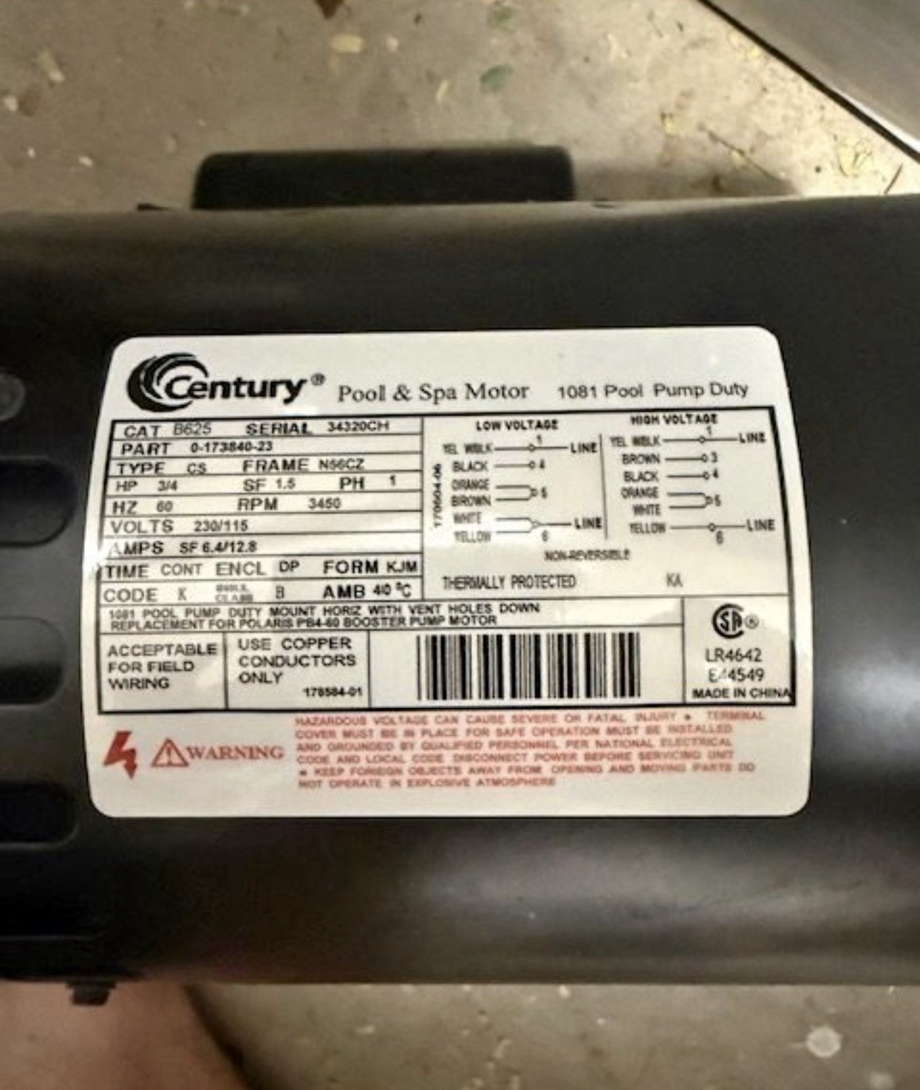 Century (A.O. Smith) 3/4Hp Full Polaris Booster Pump Motor 230/115V PH1 3450 Rpm