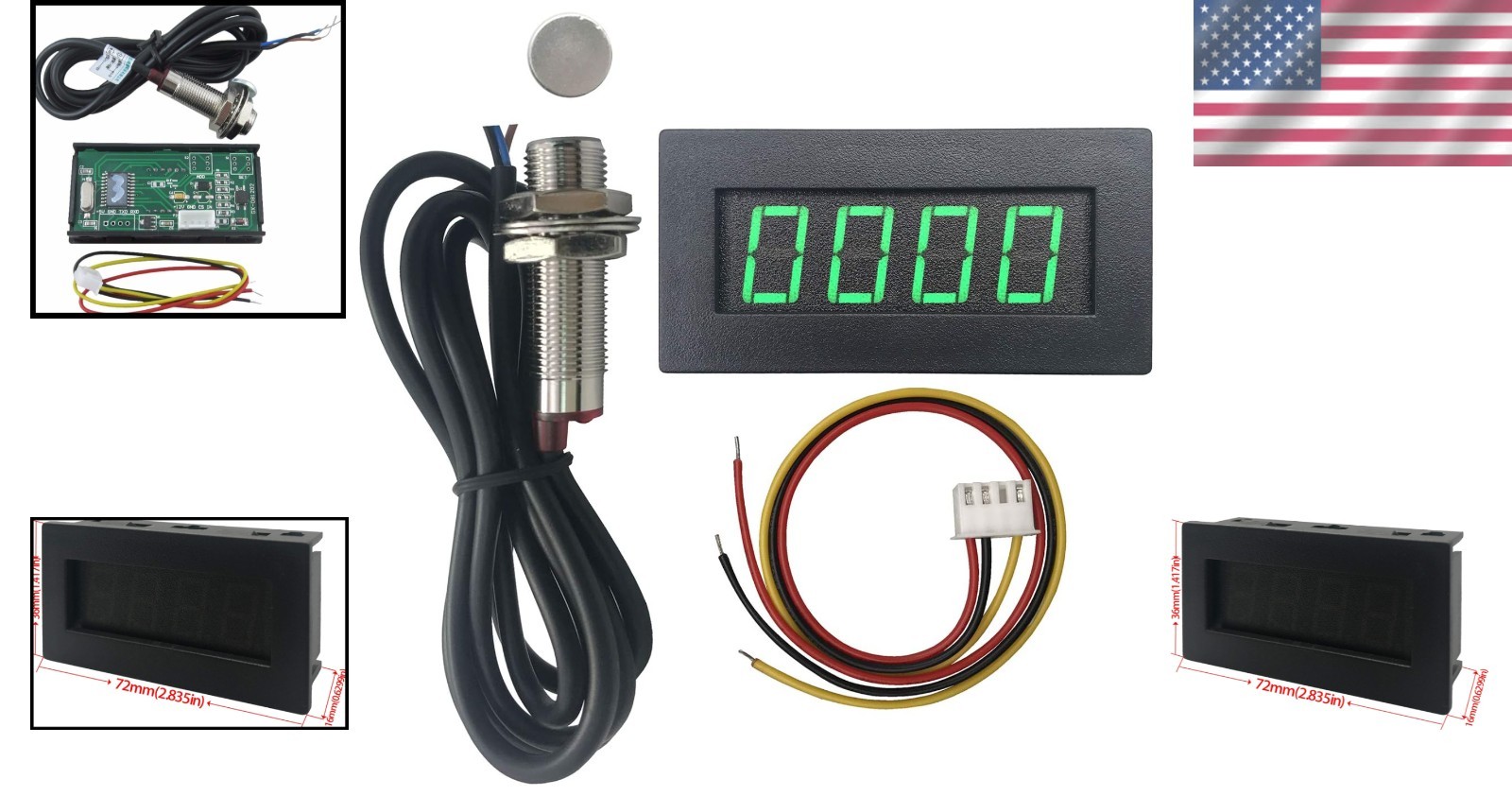 Accurate 5-9999RPM Digital Tachometer with Green LED and Hall Sensor Included