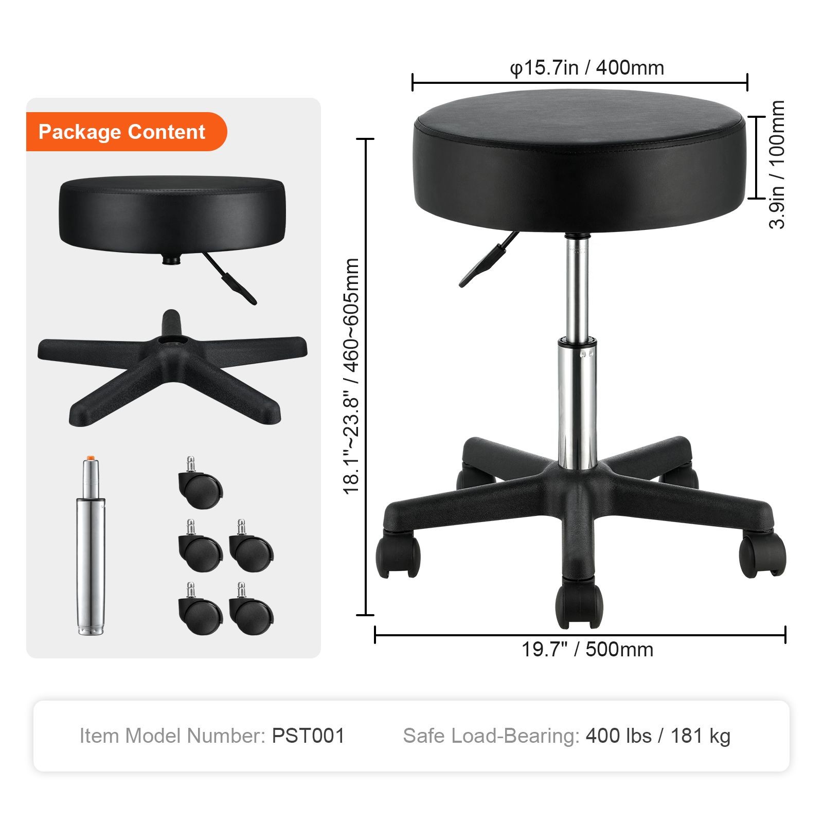 Round Stool with Thick Cushion 400lb 18.1-23.8in Adjustable Height Black