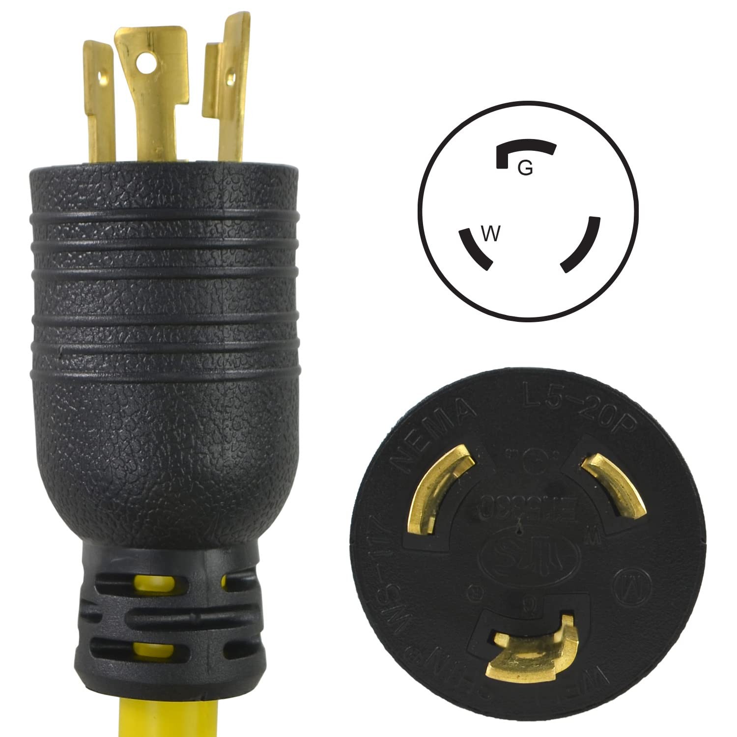 Conntek 1.5ft 20-Amp STW 12/3 Tri-Outlet Cord L5-20P to 3×5-15R
