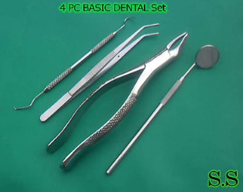 4 PC BASIC DENTAL EXTRACTING FORCEPS # 62 COLLEGE PLIERS PROBE MIRROR # 5 SET