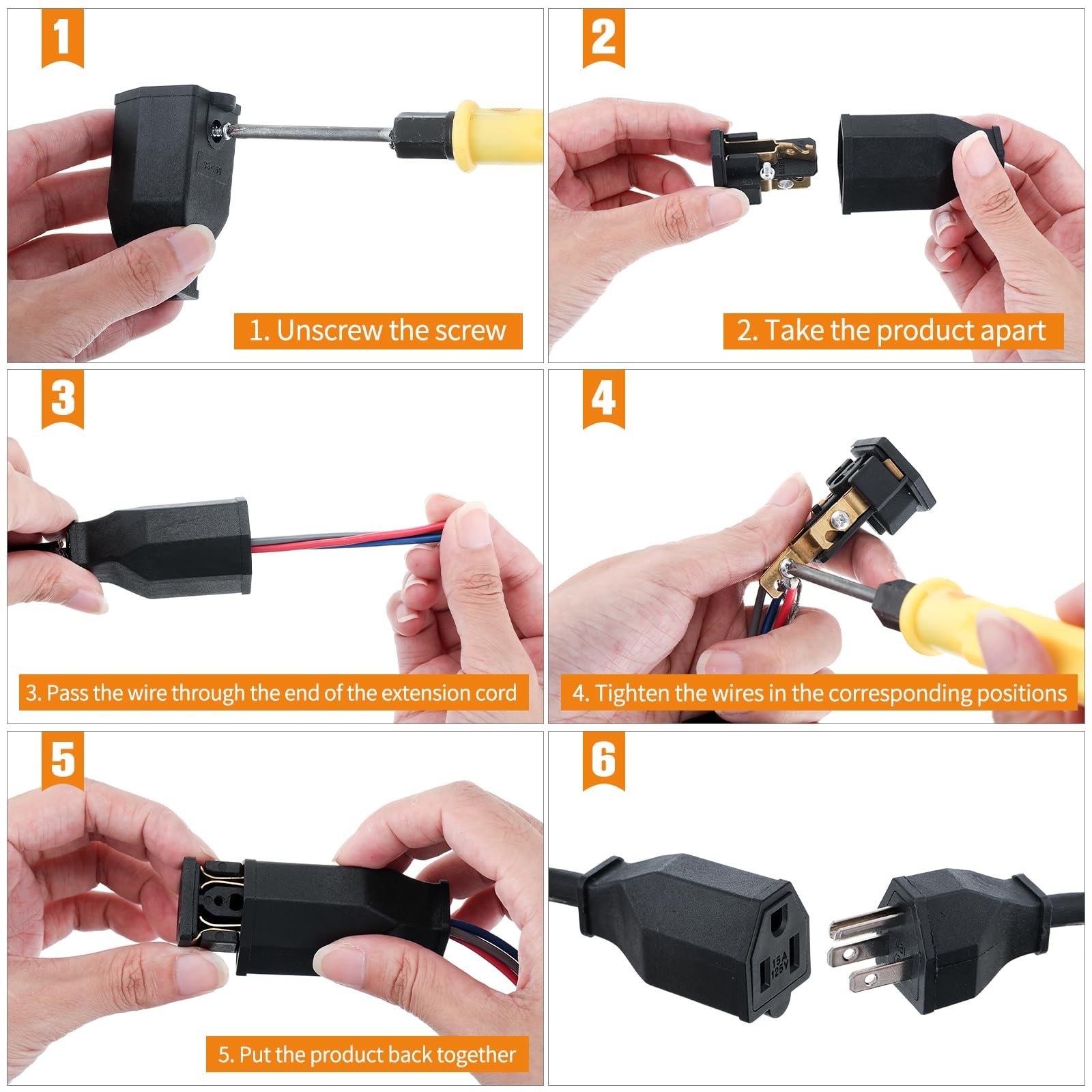 5 Sets Extension Cord Plug Replacement Male and Female Extension Cord Ends 12
