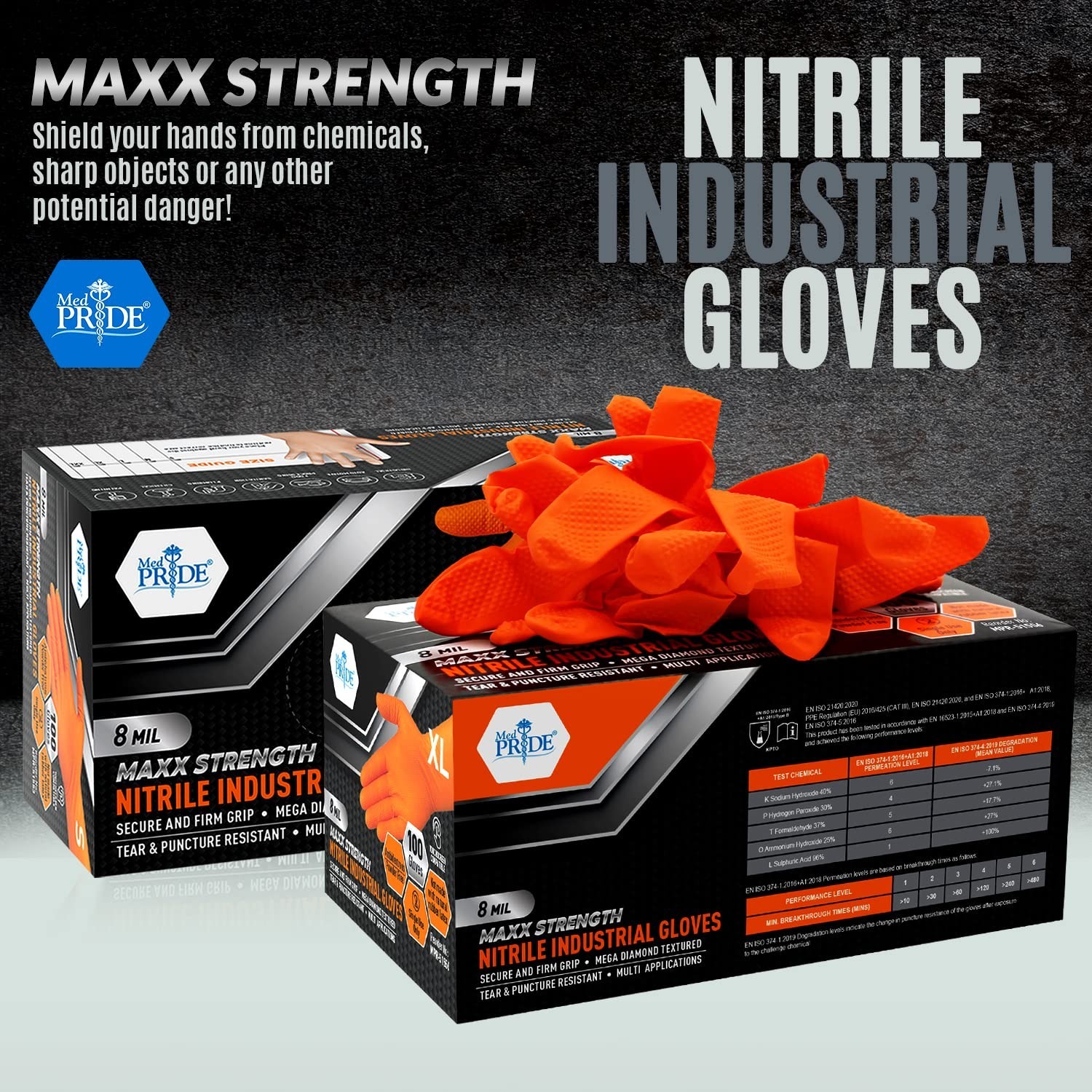 MED PRIDE Maxx Strength Nitrile Industrial Orange Gloves, 8 Mil Thick – Diamo…
