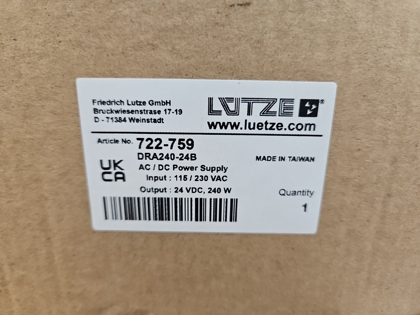 NEW LUTZE DRA240-24B POWER SUPPLY 115-230VAC 5.4/2.2A 47-63HZ 722-759