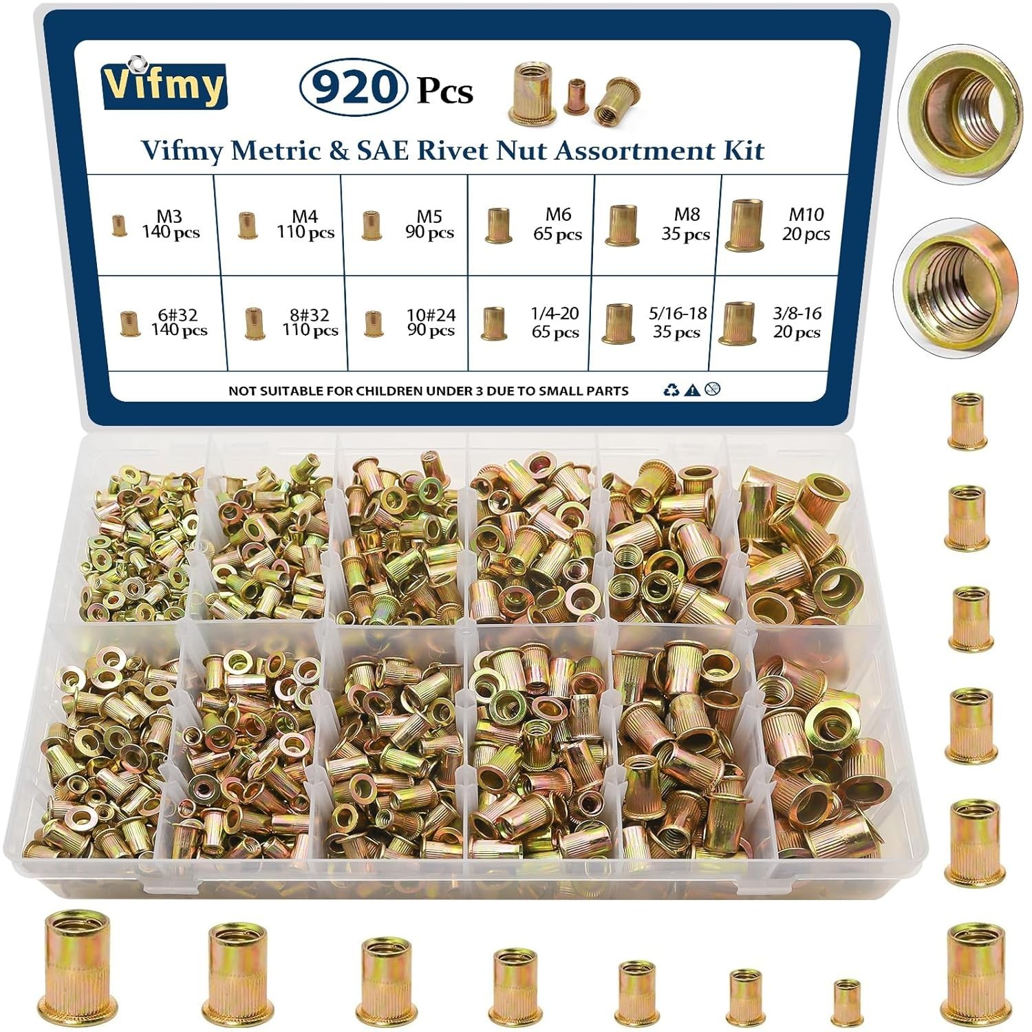 Durable Rivet Nut Assortment Kit, 920 Pcs – Zinc Plated for Extra Protection