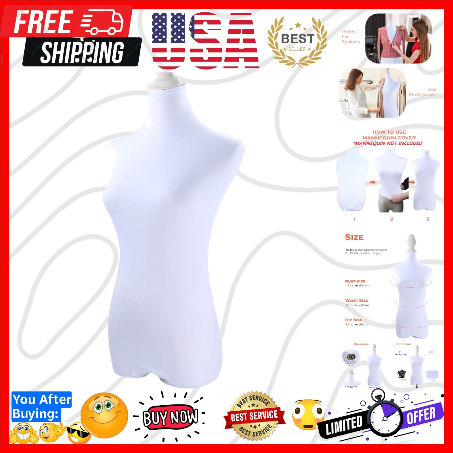 White Superb Mannequin Fabric Cover, Soft Stretchy, for Fashion Designer Reta…