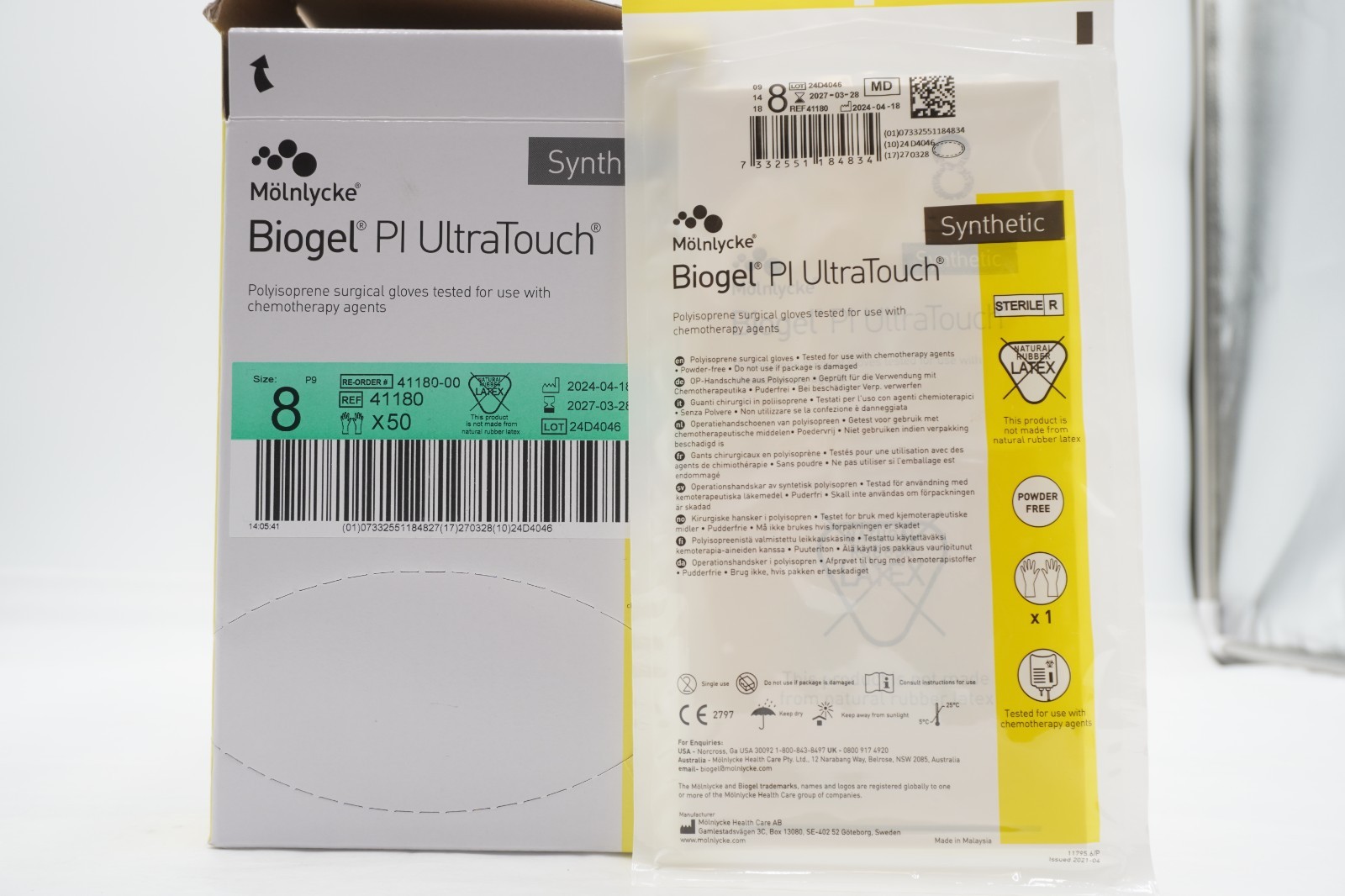 Molnlycke 41180 Biogel PI Ultratouch Gloves Box/50 EXP 03/2027 Size 8