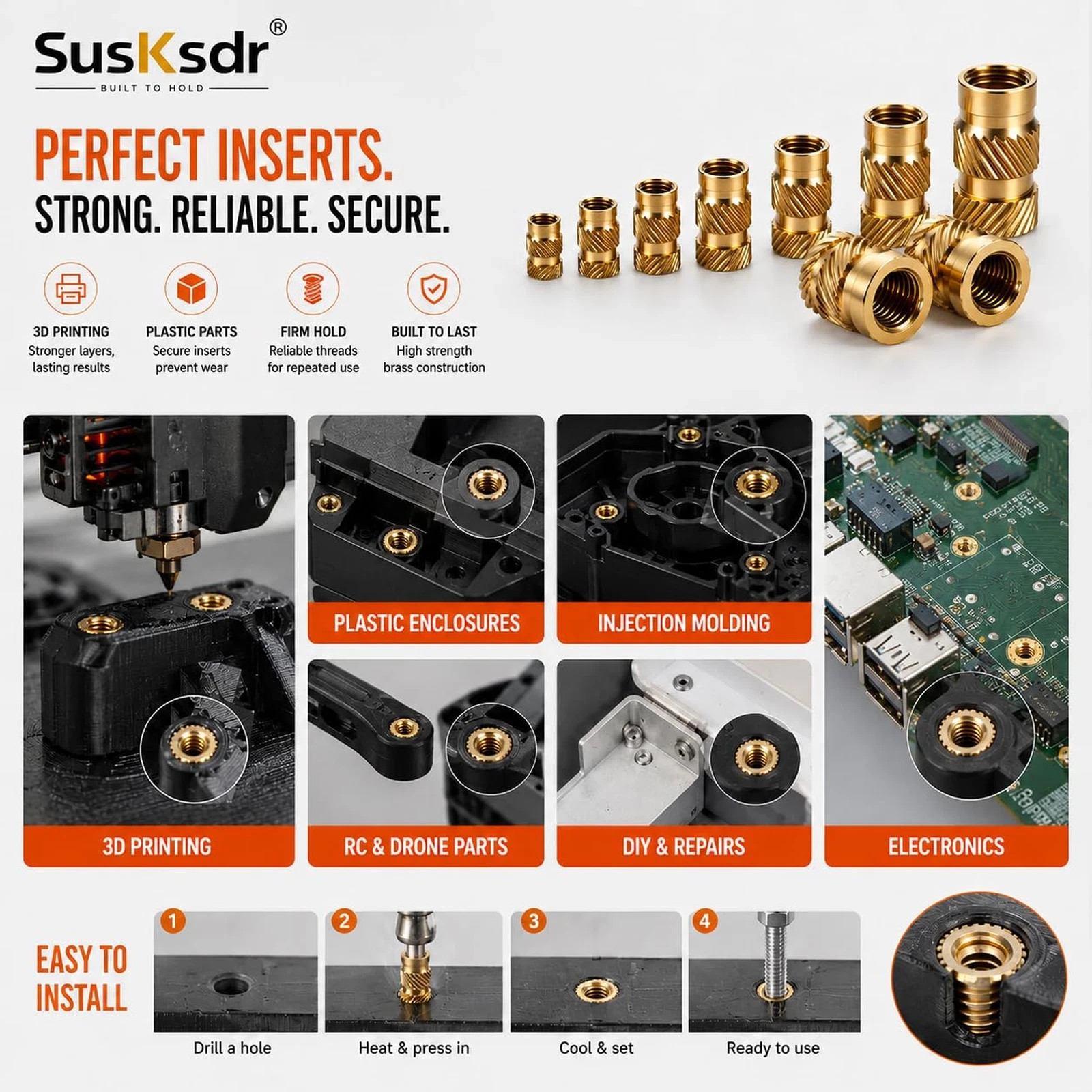 580+7PCS Heat Set Threaded Inserts Kit M2 M2.5 M3 M4 M5 M6 Brass Knurled Inserts
