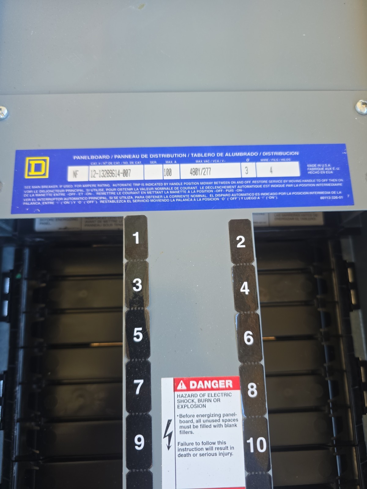 SQUARE D 480/277V 100A 3 PHASE 4 WIRE MAIN LUG PANEL WITH ENCLOSURE AND COVER
