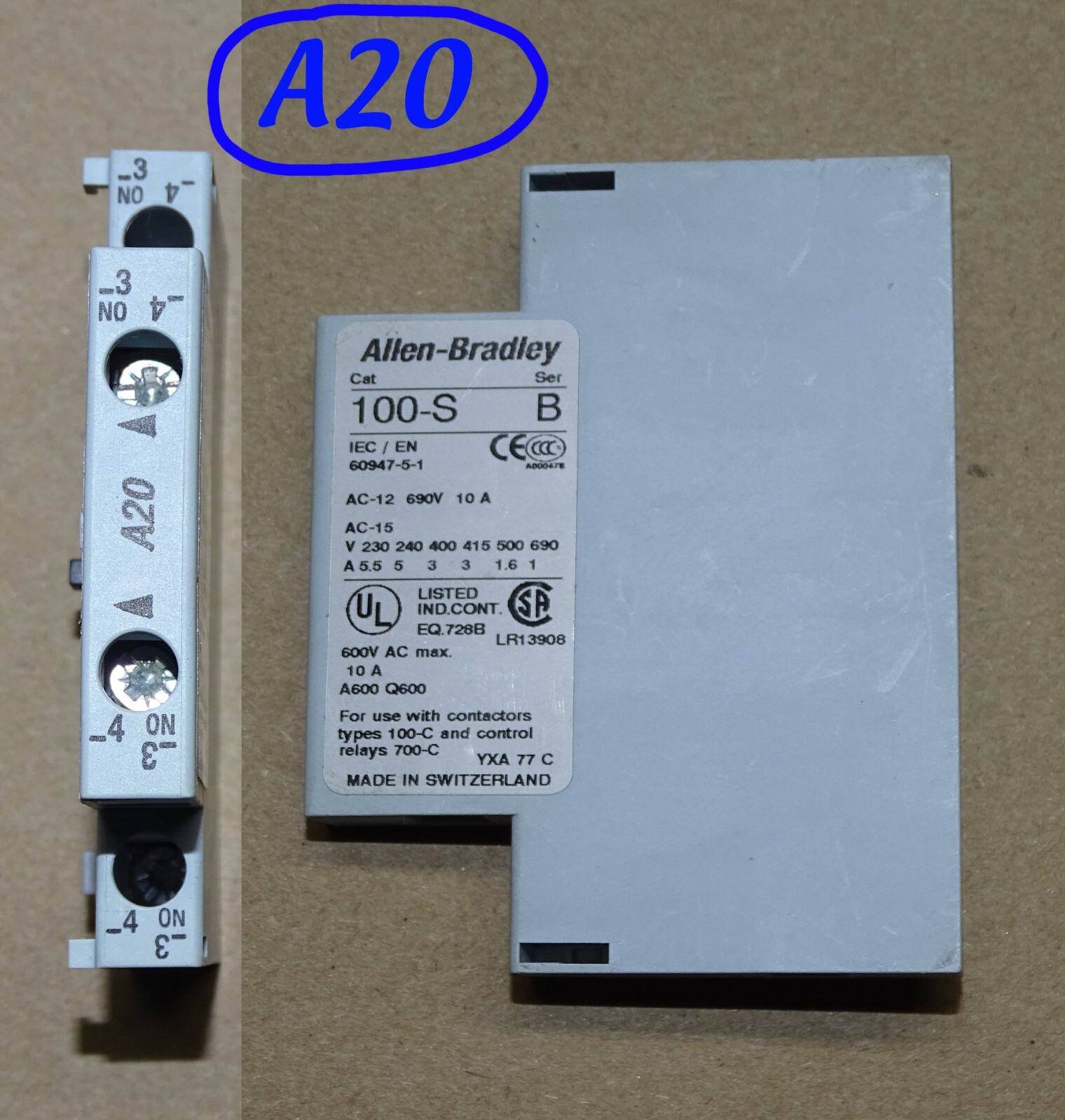 Allen Bradley 100-S Auxiliary Contact Block: A01, A10, A11, AL11, A20, B10, B11