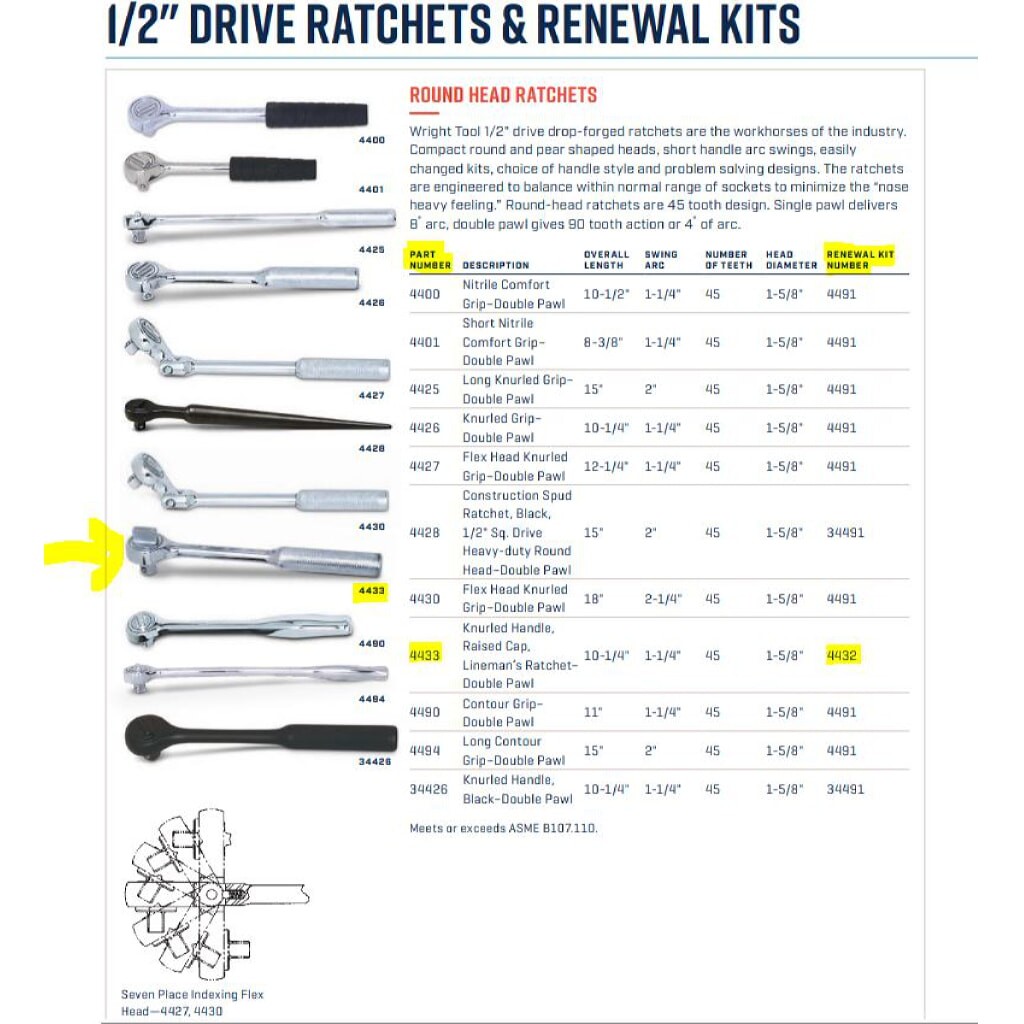 Wright 34426 1/2″ Drive Round Head Ratchet Black Knurled Handle 45 Teeth 10-1/4″