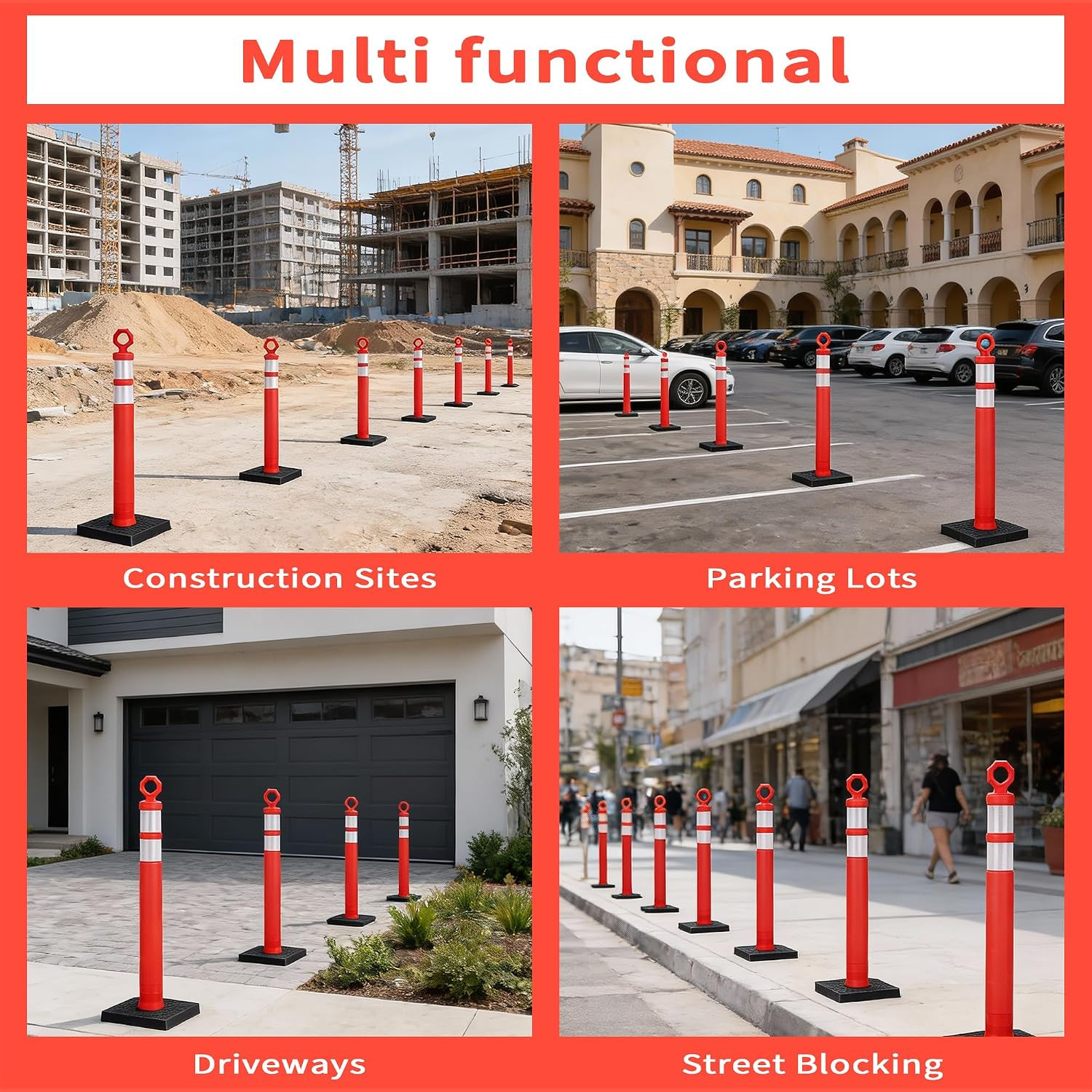 6 Pack 42 Inch Orange Traffic Delineator Posts, Heavy-Duty Safety Posts with 360