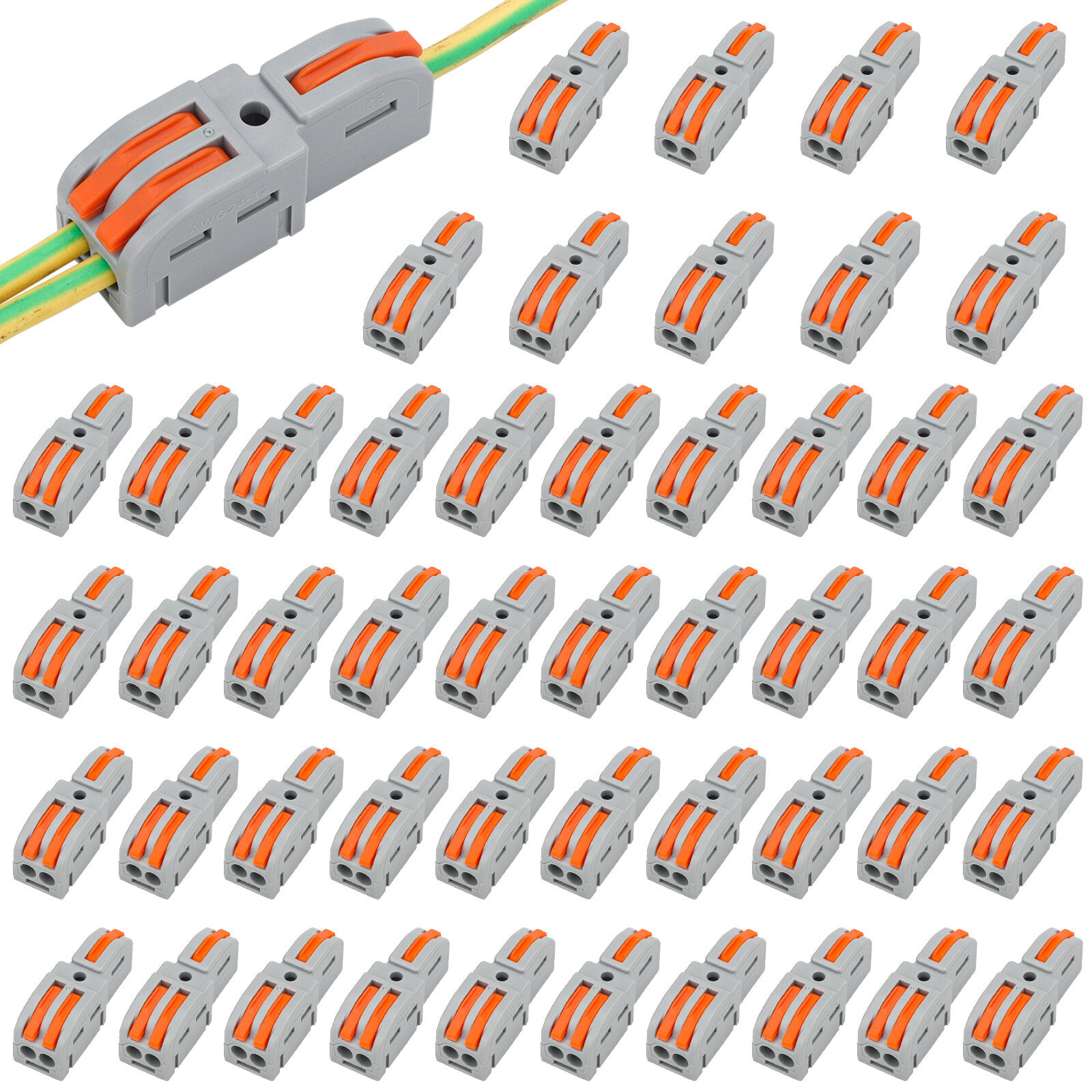 50x Reusable Spring Lever Terminal Block 1in 2Out Compact Wire Cable Connectors