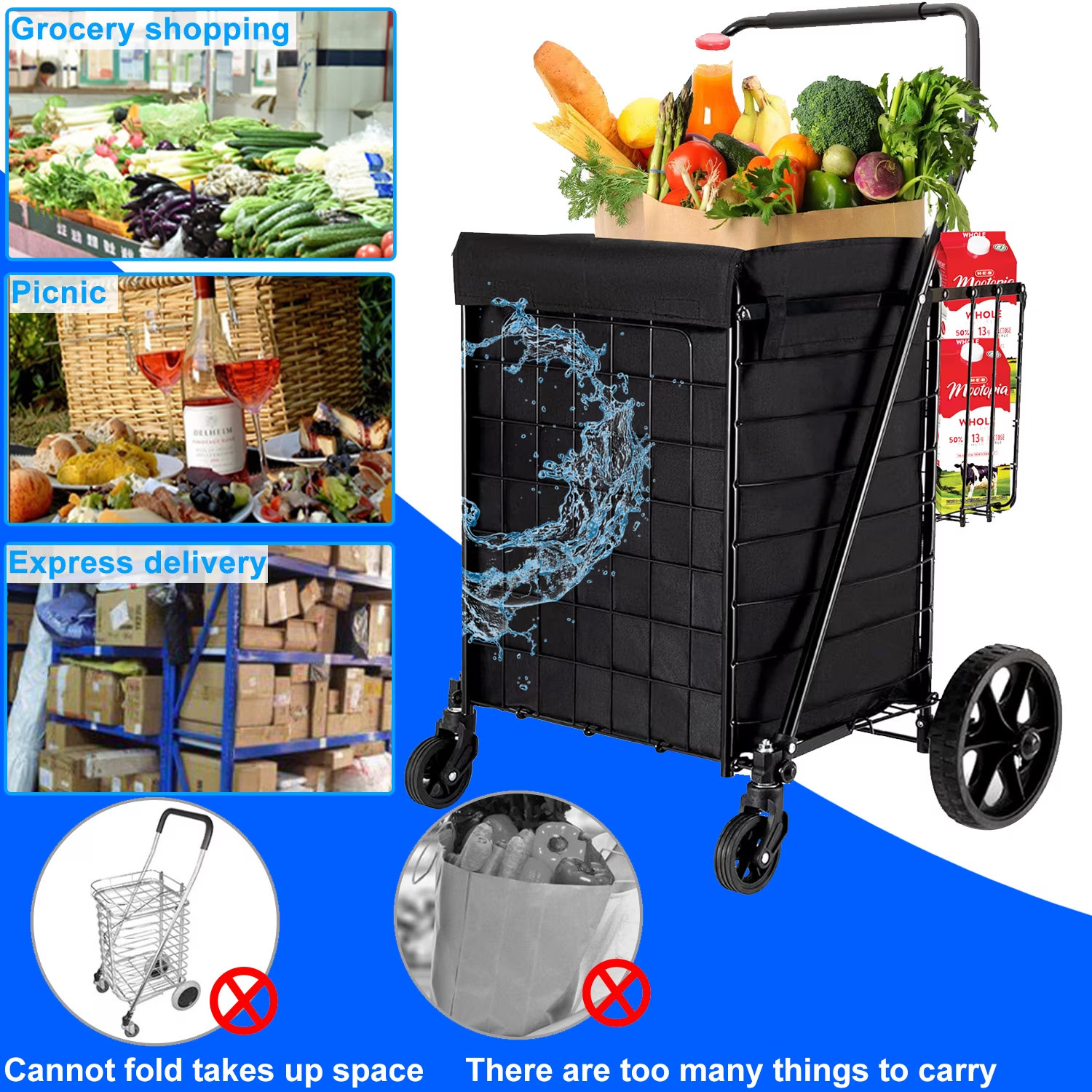 Folding Shopping Cart, Utility Trolley w/Removable Basket, Swivel Wheels, Black