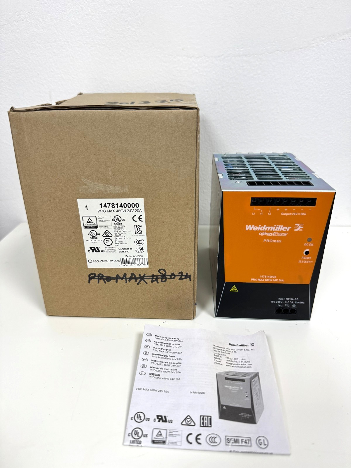 Weidmuller 1478140000 PRO MAX 480W 24V 20A DIN Rail Power Supply New Open Box