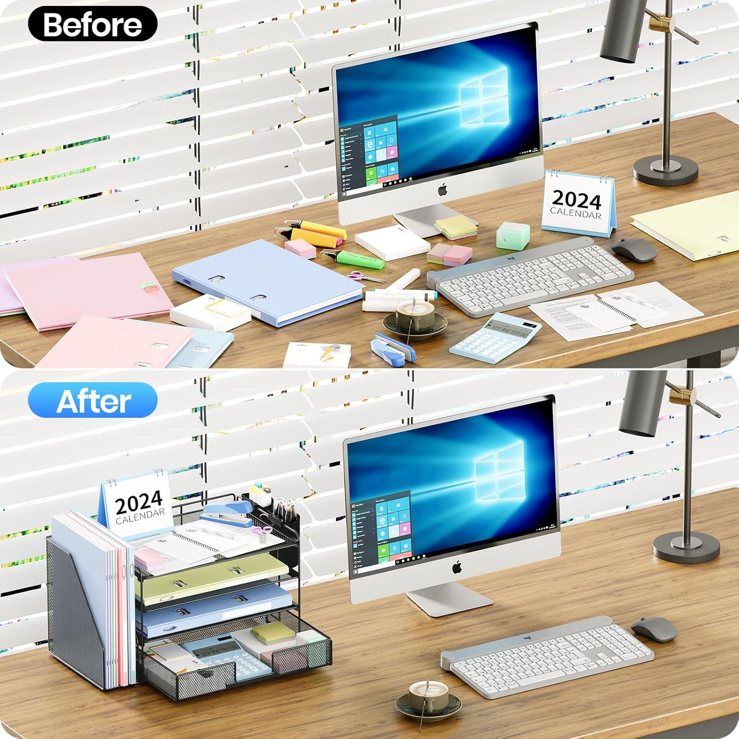 Desk Organizer, 4-Tier Desktop File Organizer with Drawer and Pen Holders, Offic