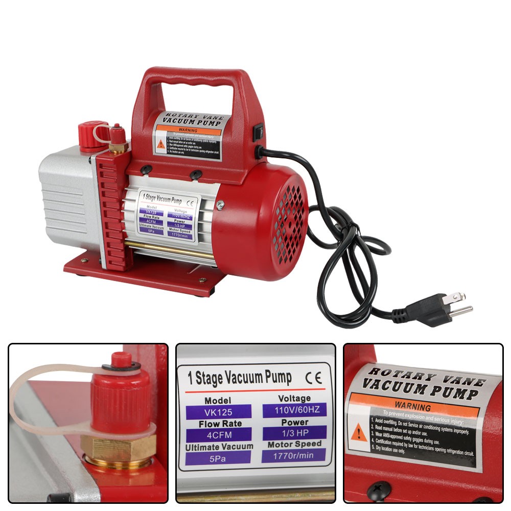 4CFM Rotary Vane Air Vacuum Pump HVAC 1/3HP A/C Refrigeration Kit Manifold Gauge