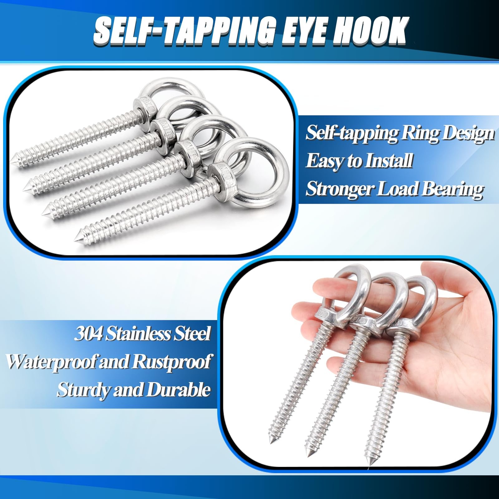 4 Pack 5.5 Inch Heavy Duty Eye Hooks M10 Self Tapping Eyelet Screw 1000LBS Load