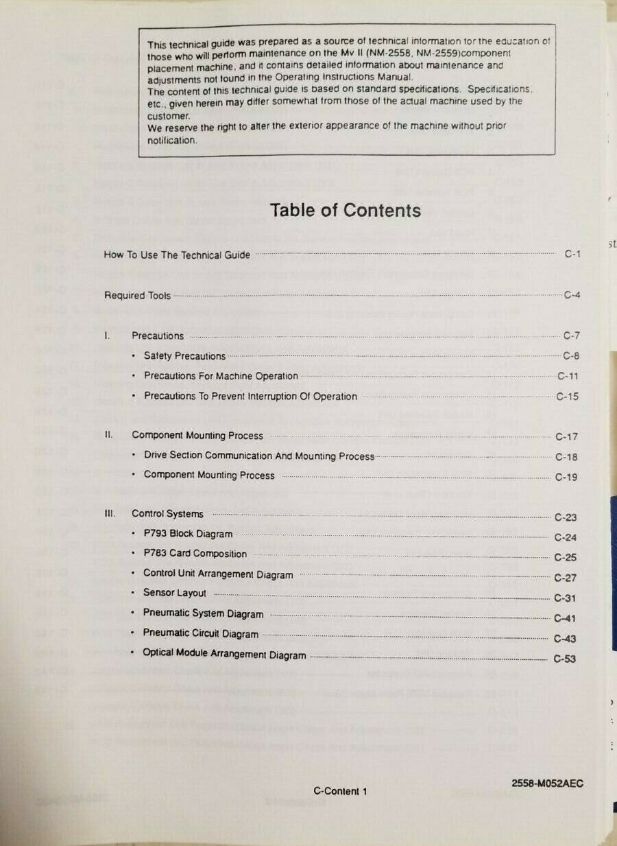 Panasonic Panasert MV-II MV2 Ops,Maint,Tech / MV2C Tech Manual NM-2558 / NM-2559
