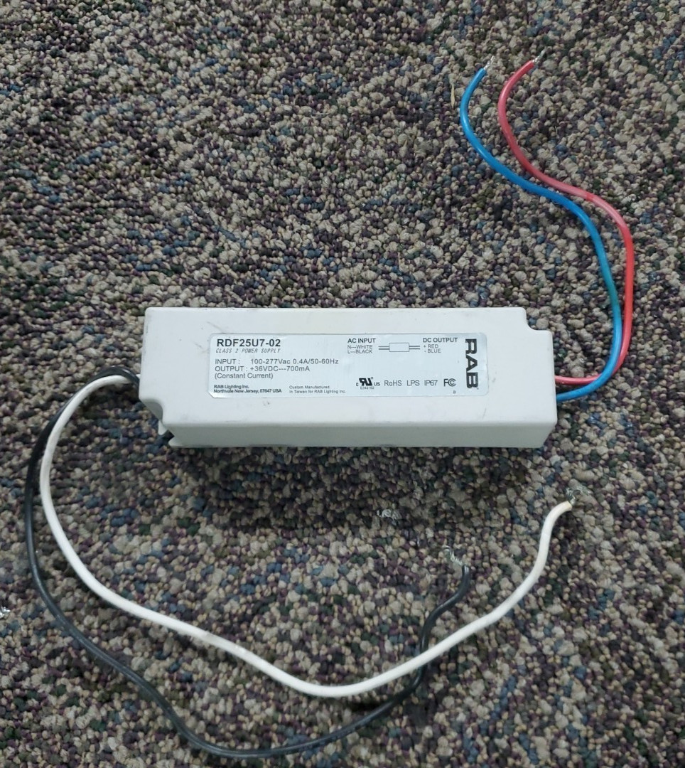 RAB RDF25US7-02 INPUT 100-277Vac 0.4A/50-60Hz OUTPUT 36VDCVDC 700mA LED Driver
